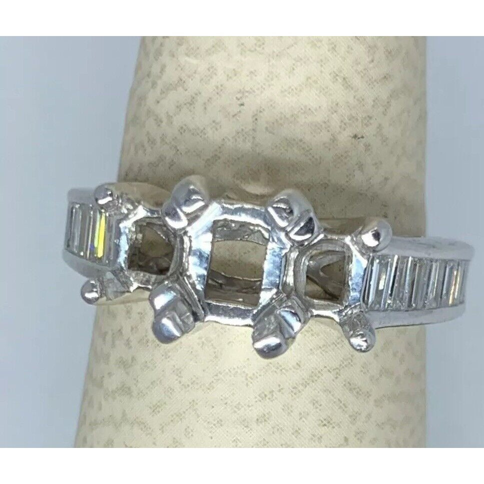 14k White Gold 3 stone Oval Princess cut Diamond Engagement Ring semimount 1 CT