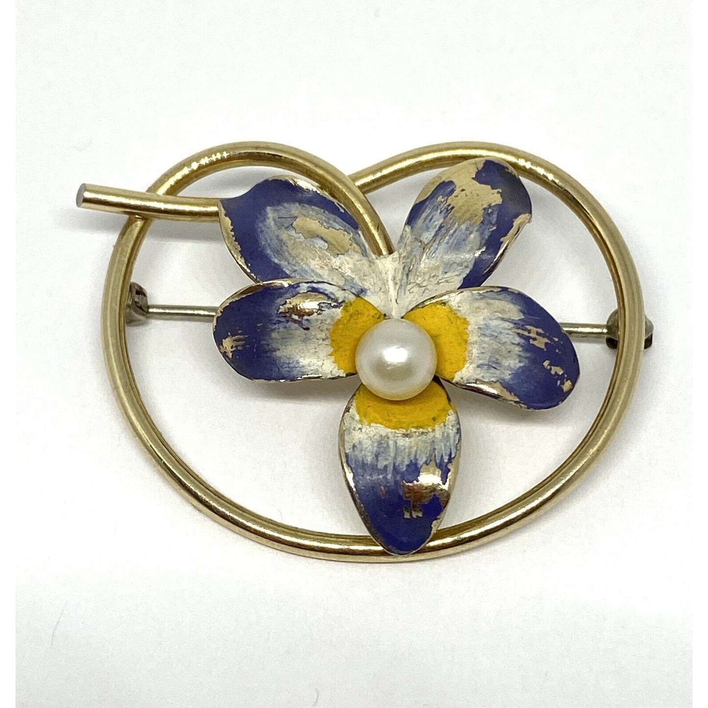 KREMENTZ Pearl Enamel 14K Gold Elegant Purple Floral Pin Brooch 6.2 Grams