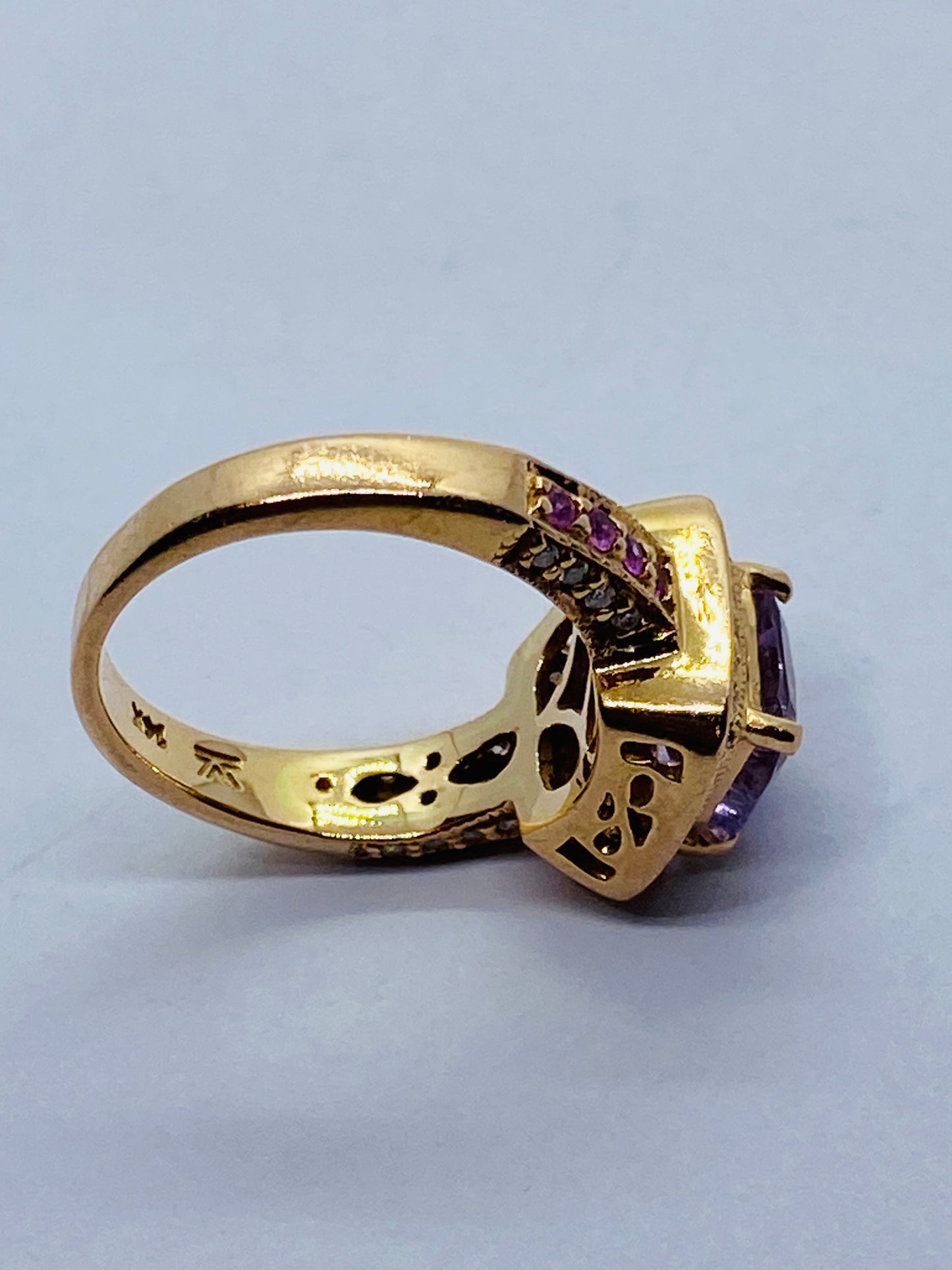 LeVian 14K Rose Gold Amethyst Pink Sapphire Diamond Halo Cocktail Ring READ!