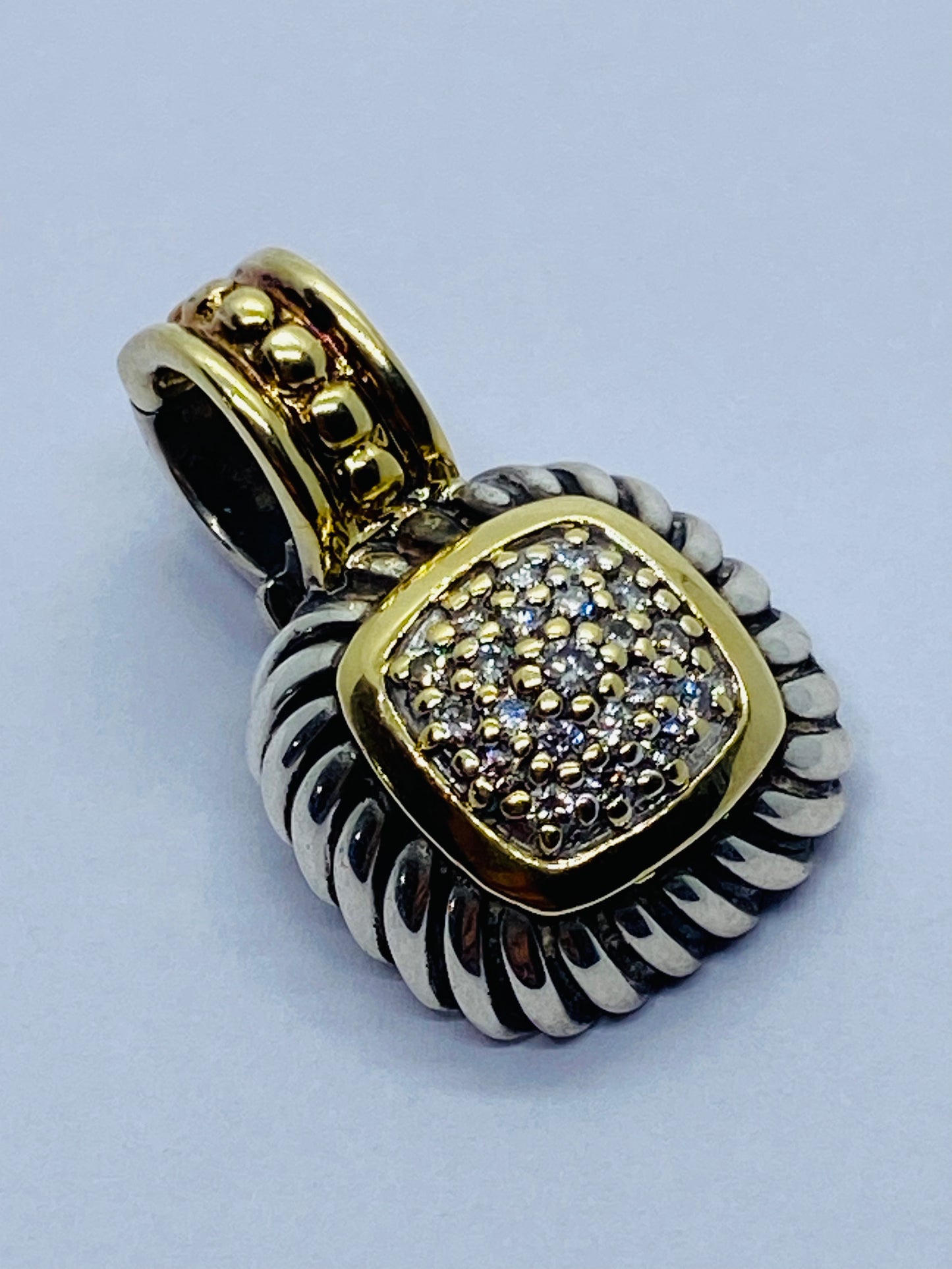 David Yurman Sterling Silver 18K Gold Pave Diamond Albion Cable Pendant $1,150