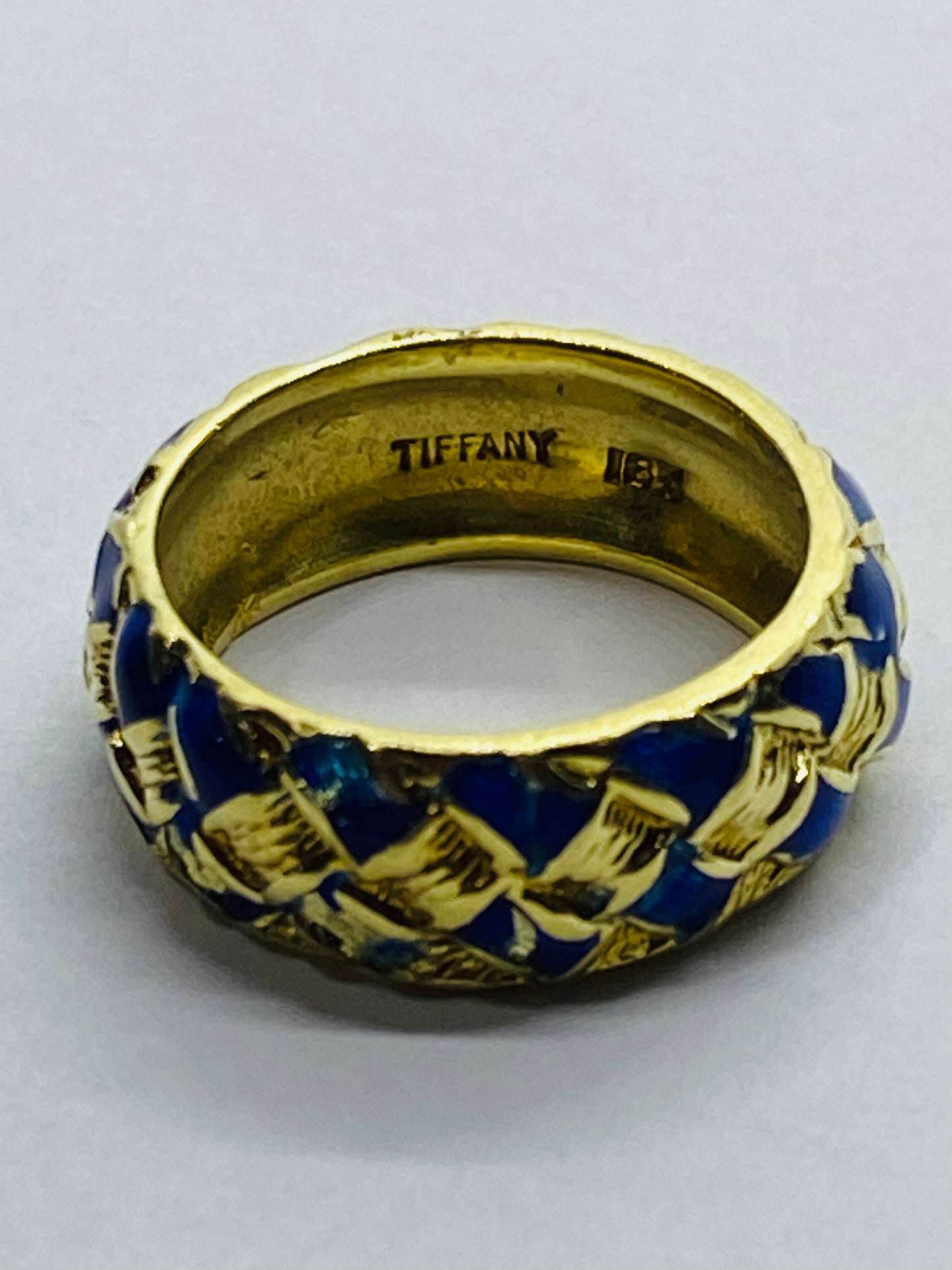 Vintage 18k Gold & Cobalt Enamel Basket Weave Ring Tiffany & Co Size 6.25 Pouch