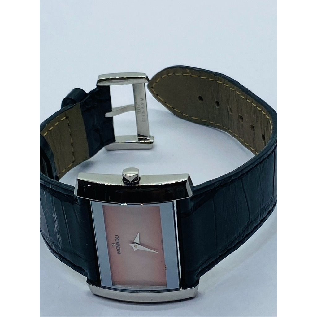 MOVADO $1395 WOMENS SILVER/PINK DIAL, LEATHER STRAP WATCH ELIRO SERIES
