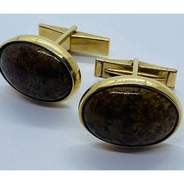 Jasper 14K Gold Oval Cabochon Mens Cufflinks 13.8 Grams 22x17MM