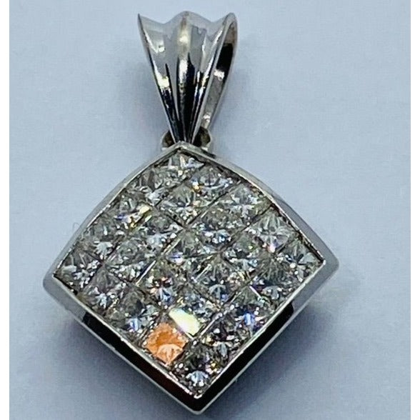 MODERN PRINCESS CUT INVISIBLE DIAMOND NECKLACE PENDANT CHARM 14K WHITE GOLD