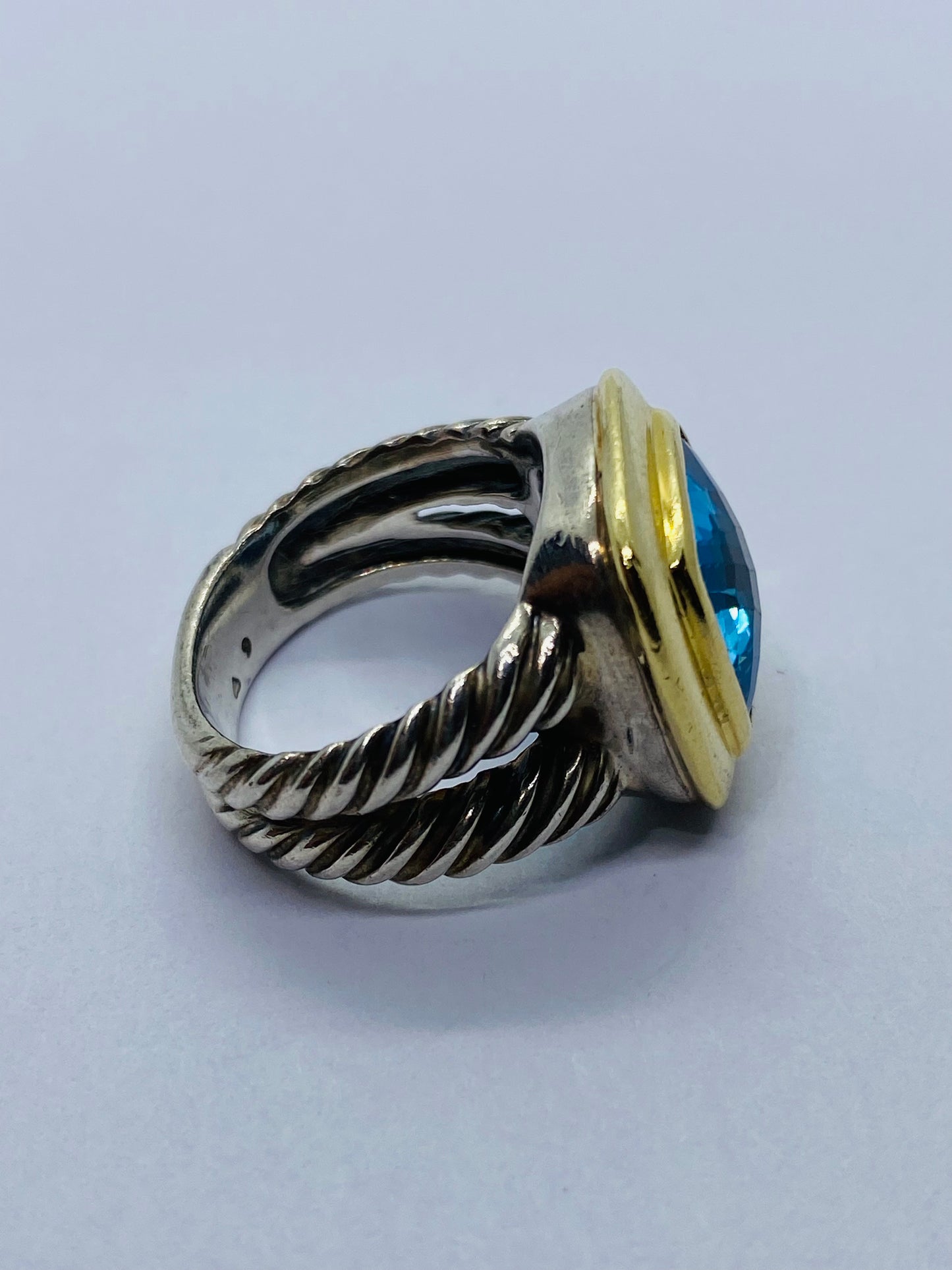 David Yurman Split Shank Sterling Silver & 18K W 11mm Blue Topaz Ring Sz 6