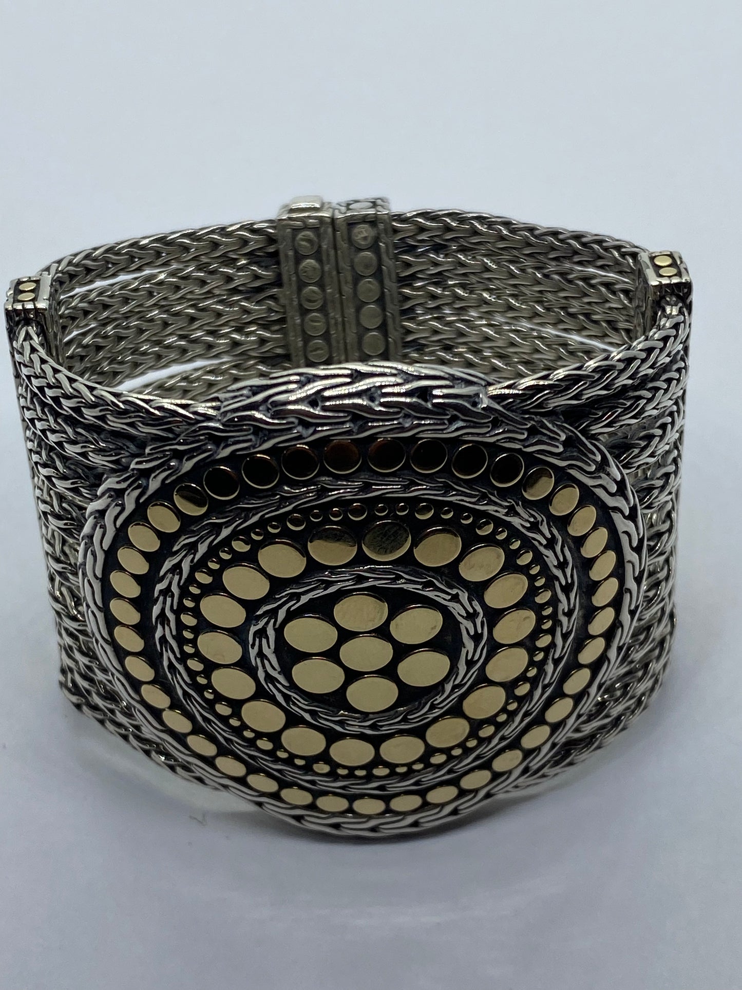 John Hardy 18K Yellow Gold 925 Sterling Mesh Dot Multi Strand (9) Bracelet 53MM