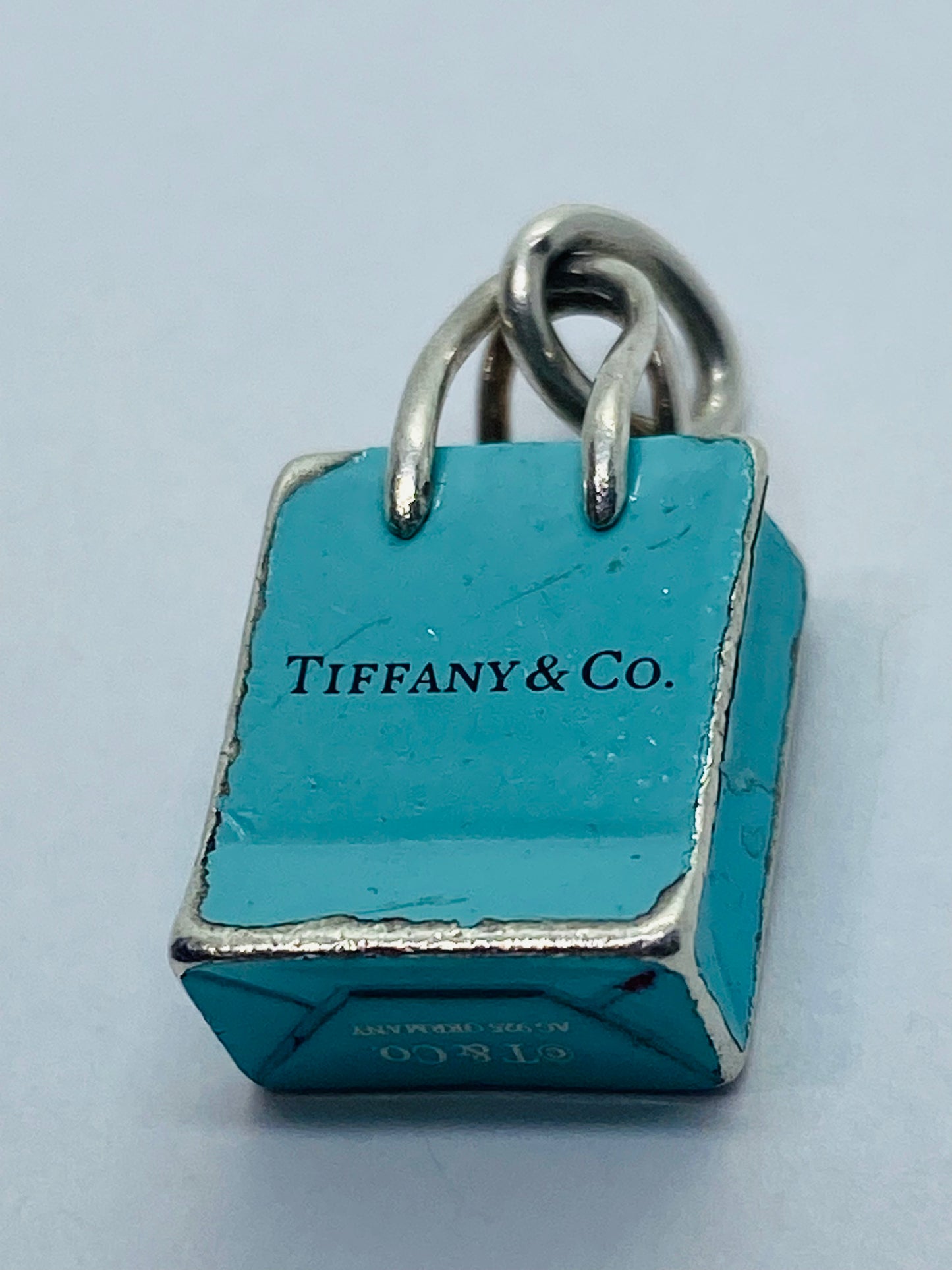 Tiffany & Co Sterling Silver Blue Enamel Shopping Bag Charm Pendant