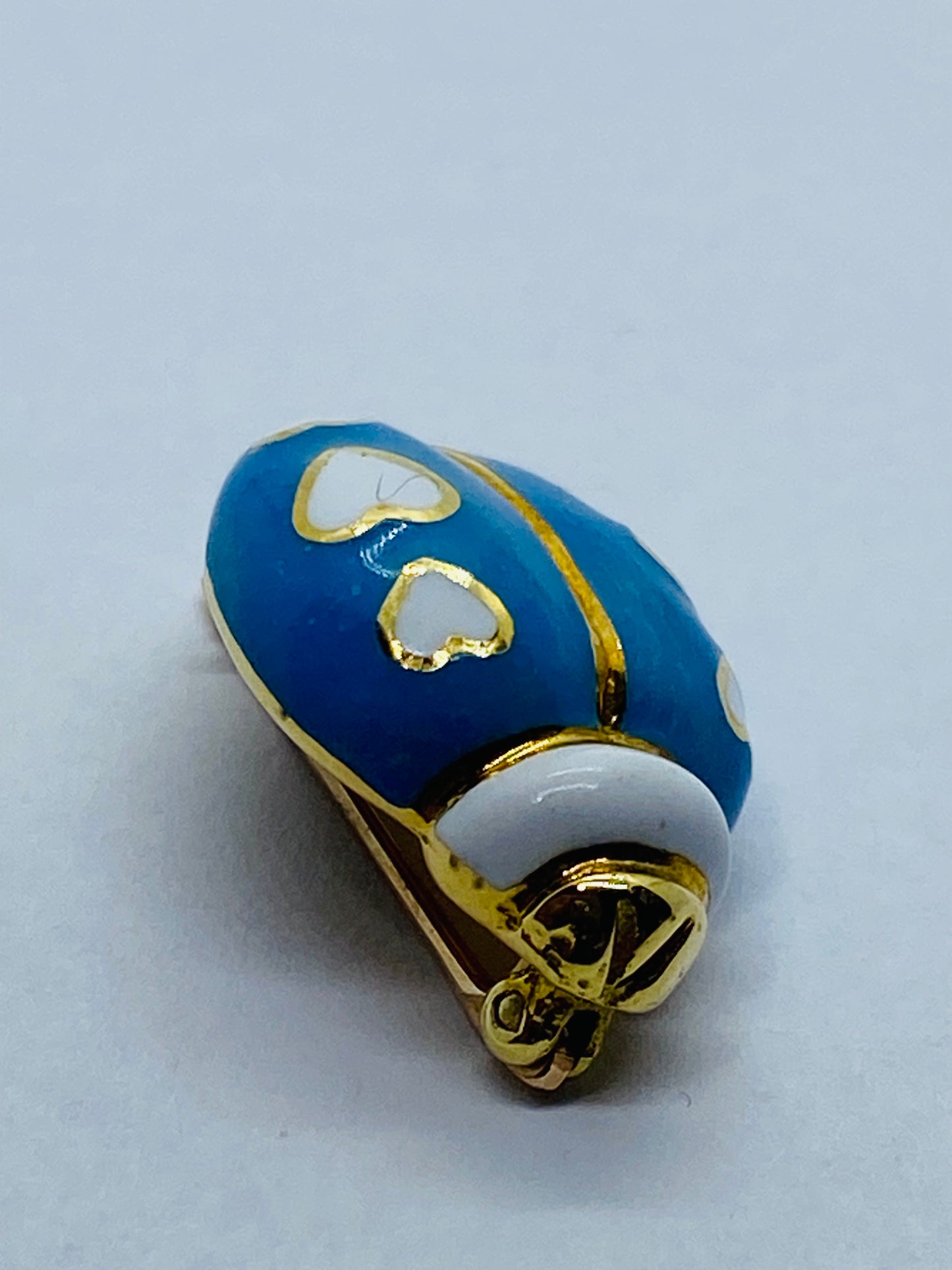 Tiffany & Co 18K Gold Enamel Blue White Hearts Lady bug Pin Brooch Rare