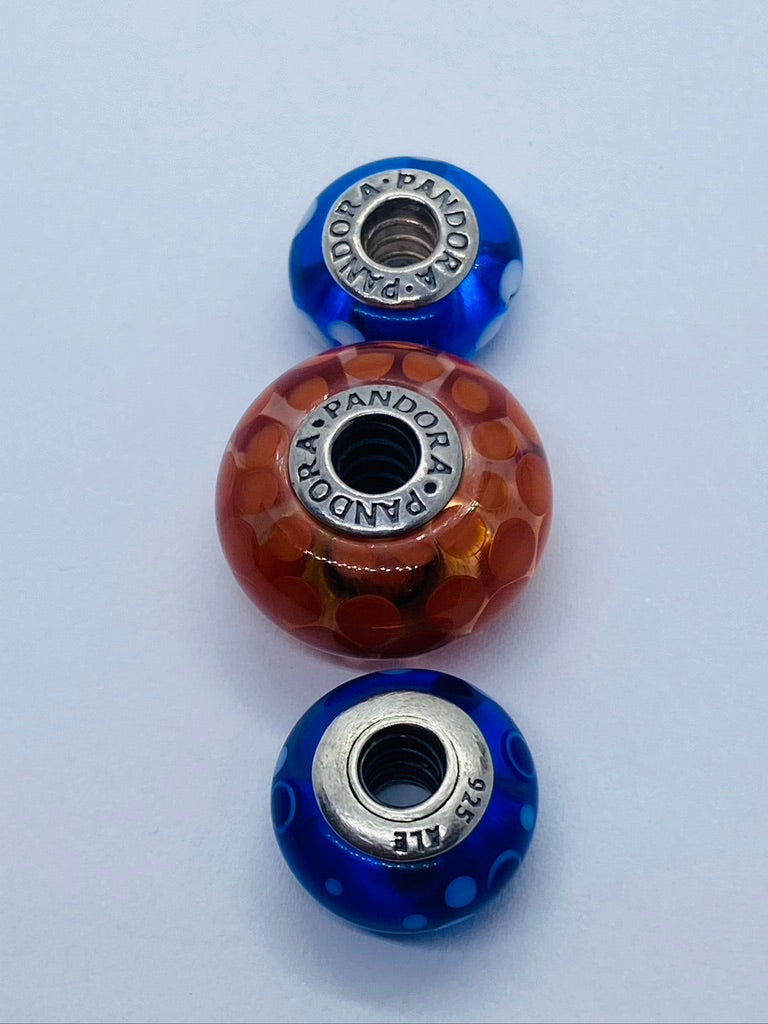 3 Pandora silver 925 murano beads charm orange, blue and baby blue