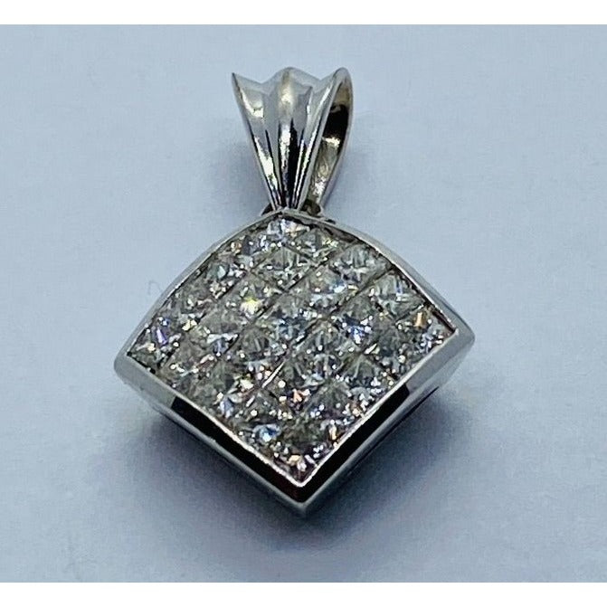 MODERN PRINCESS CUT INVISIBLE DIAMOND NECKLACE PENDANT CHARM 14K WHITE GOLD
