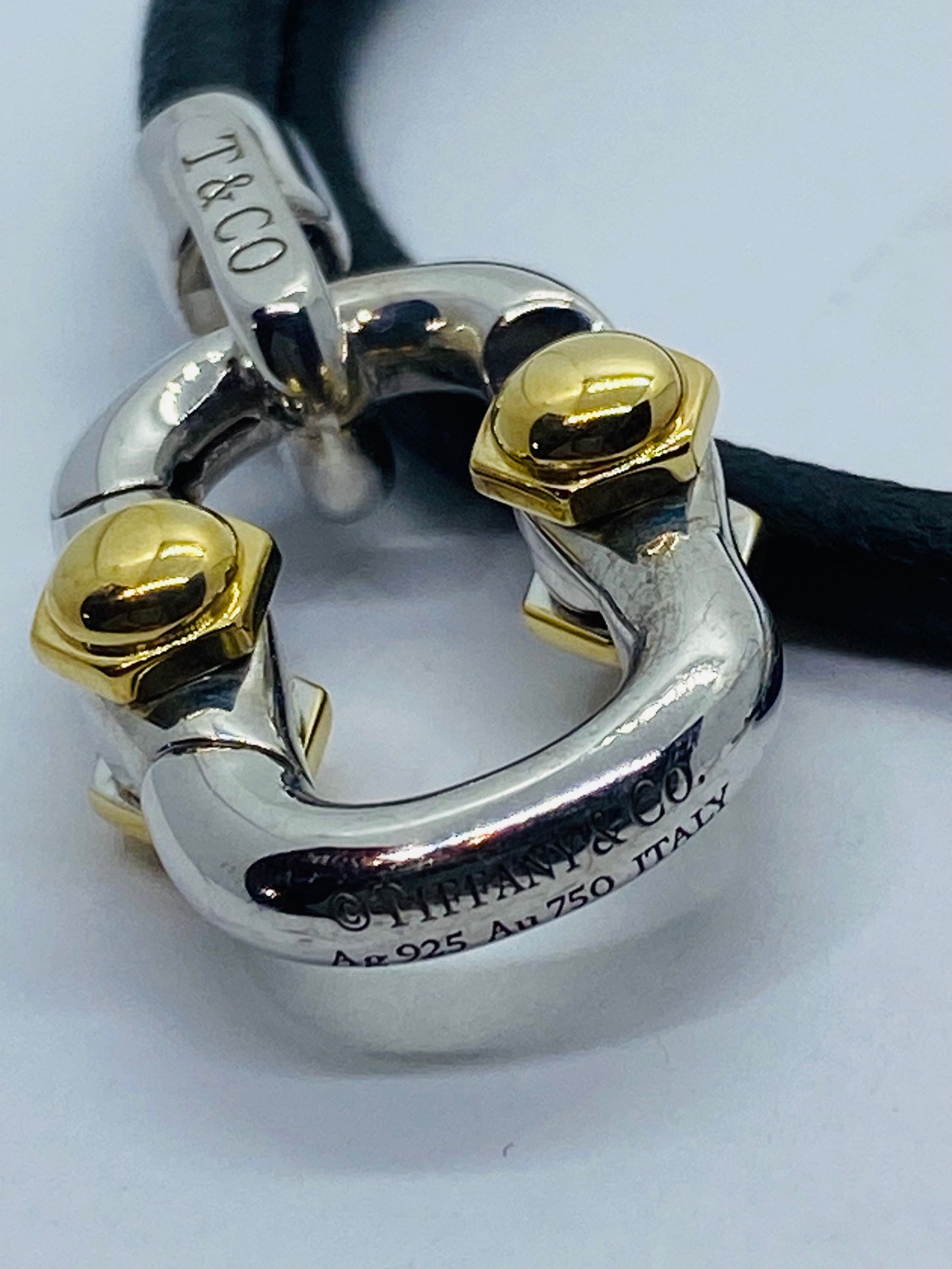 Tiffany & co 1837 Makers Black leather cord Sterling and 18k Bracelet 15.5”