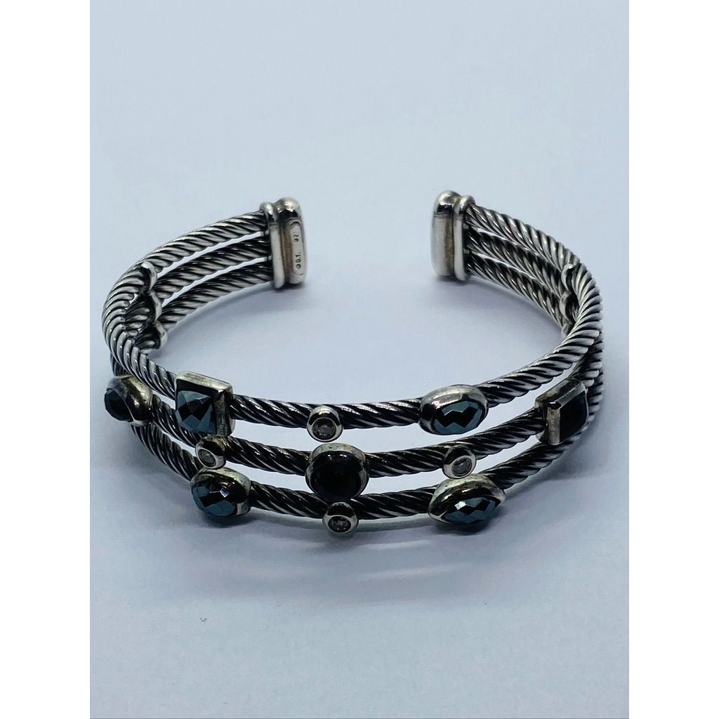 David Yurman Cable Sterling Silver Black Onyx Hematite & Diamond Confetti Cuff Bracelet