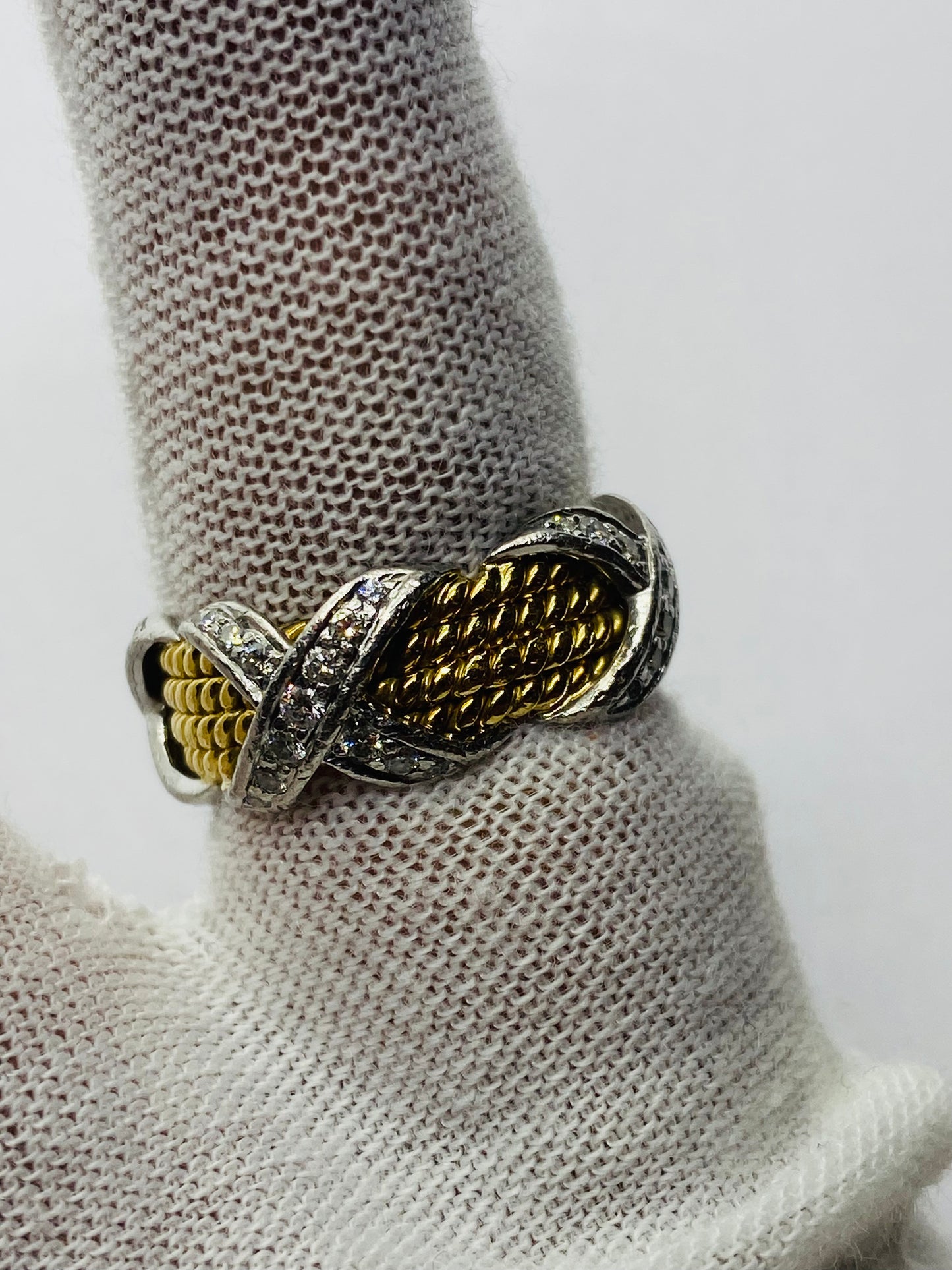 Tiffany & Co Schlumberger 18K YG, Platinum, & Diamond 4-row X Ring - Sz. 5.5