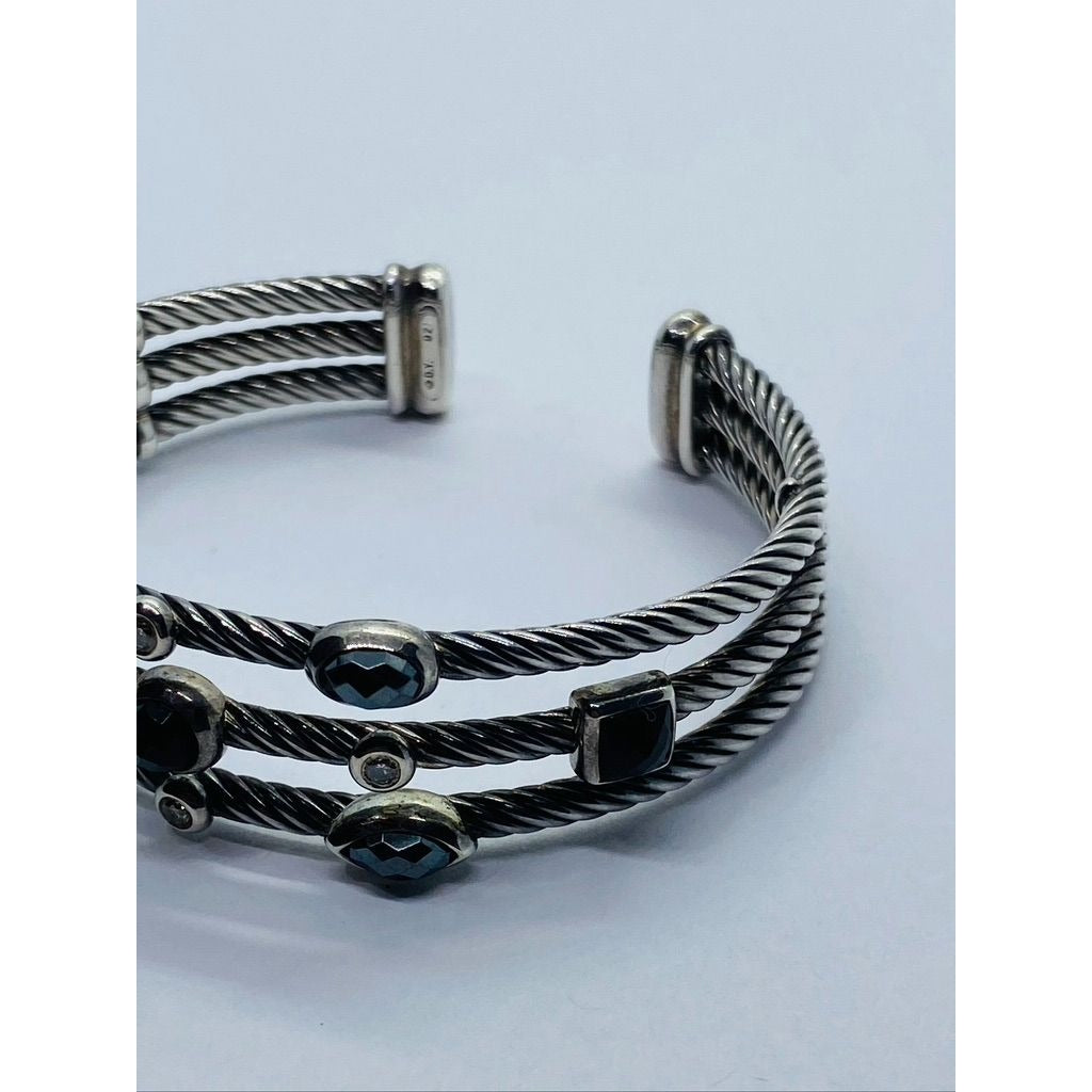 David Yurman Cable Sterling Silver Black Onyx Hematite & Diamond Confetti Cuff Bracelet