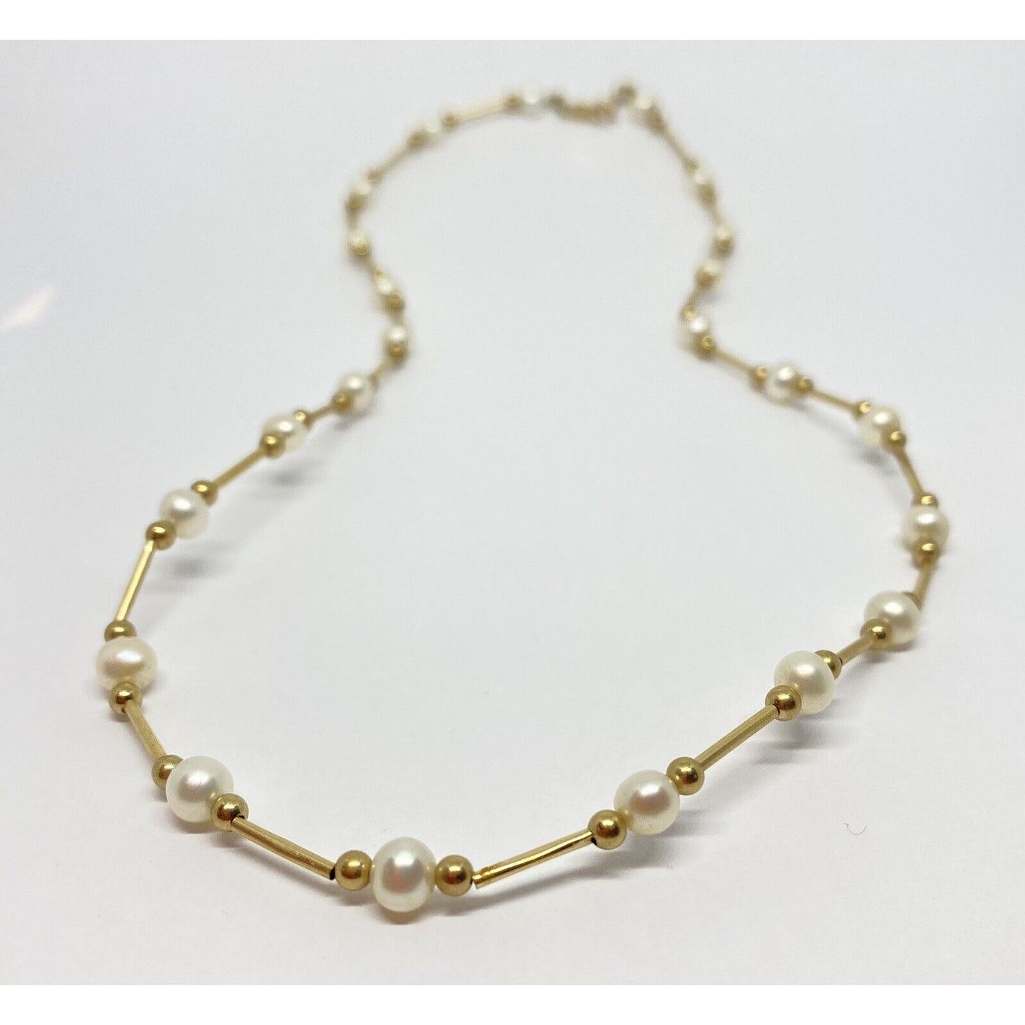 Vintage 14k Yellow Gold Pearl Station Link Necklace 17” 5MM Pearls