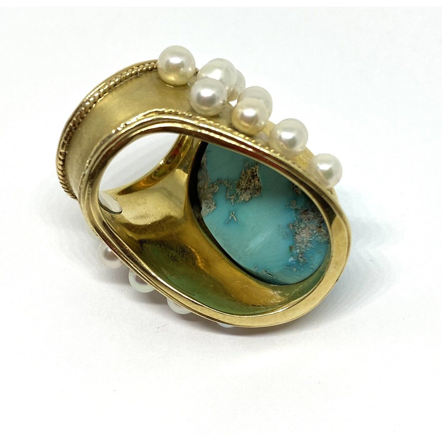 Huge 16CT Natural Turquoise Pearl 18K Gold Wide Shield Ring 30.3 Grams Gia Cert