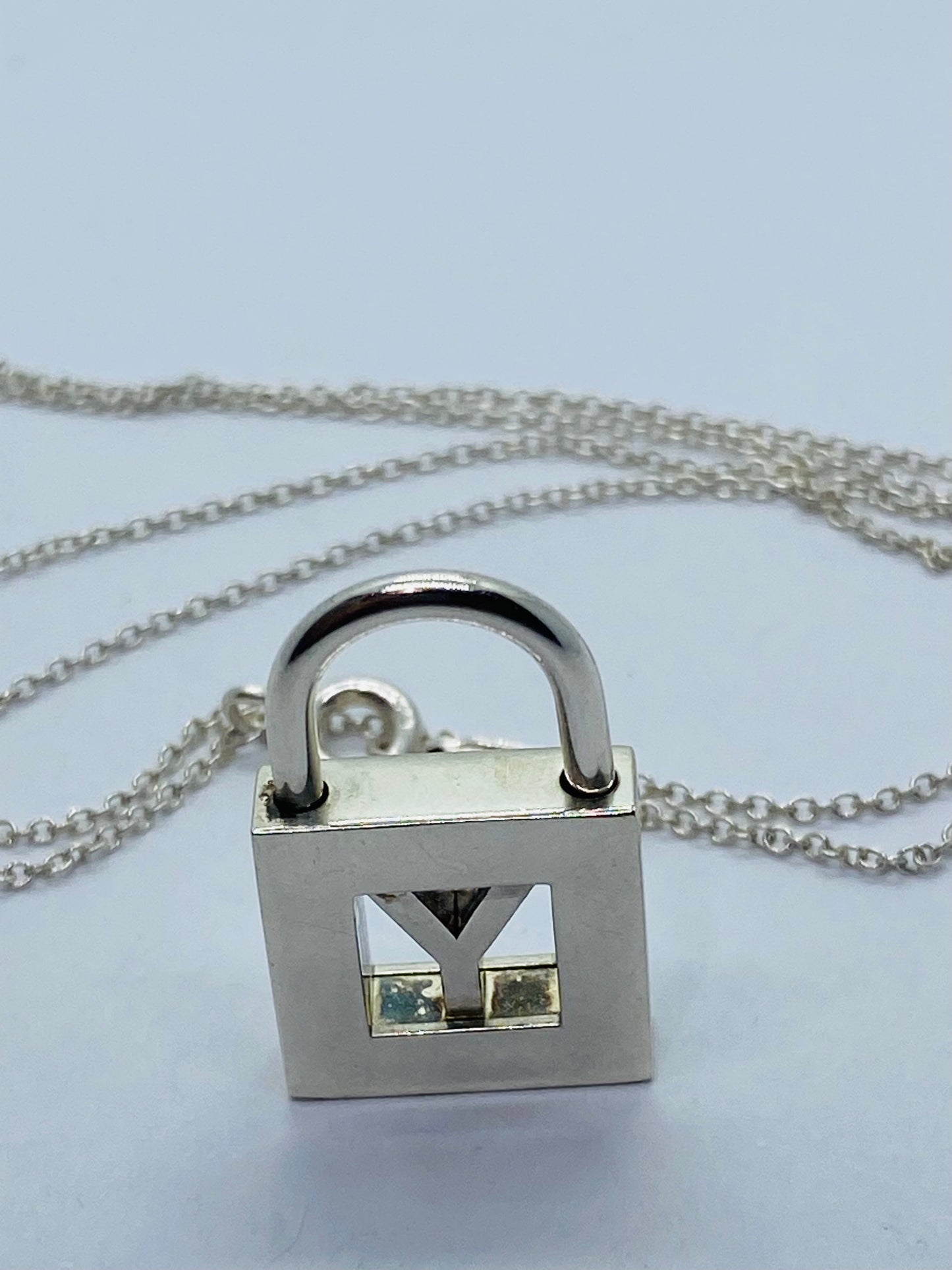 Tiffany & Co Silver Alphabet Letter "Y" Padlock Charm Pendant 17.5” Necklace