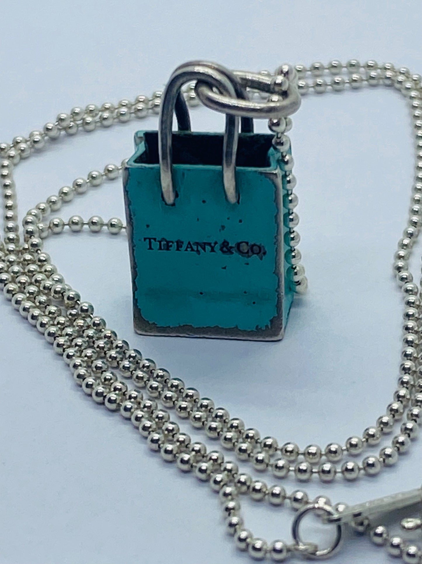 Tiffany & Co Sterling Silver Blue Enamel Shopping Bag Charm Pendant 20”