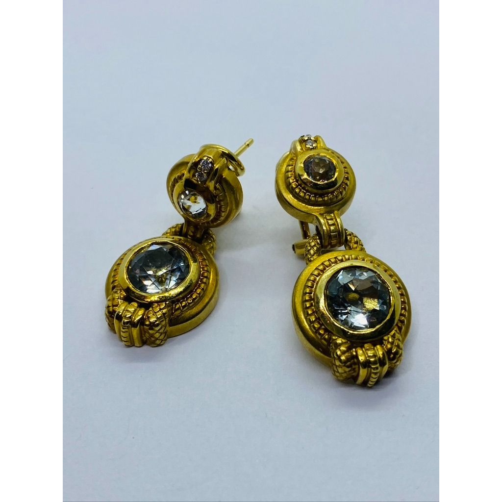 Judith Ripka 18k Yellow Gold Diamond & Quartz Dangle 2 Stone Earrings