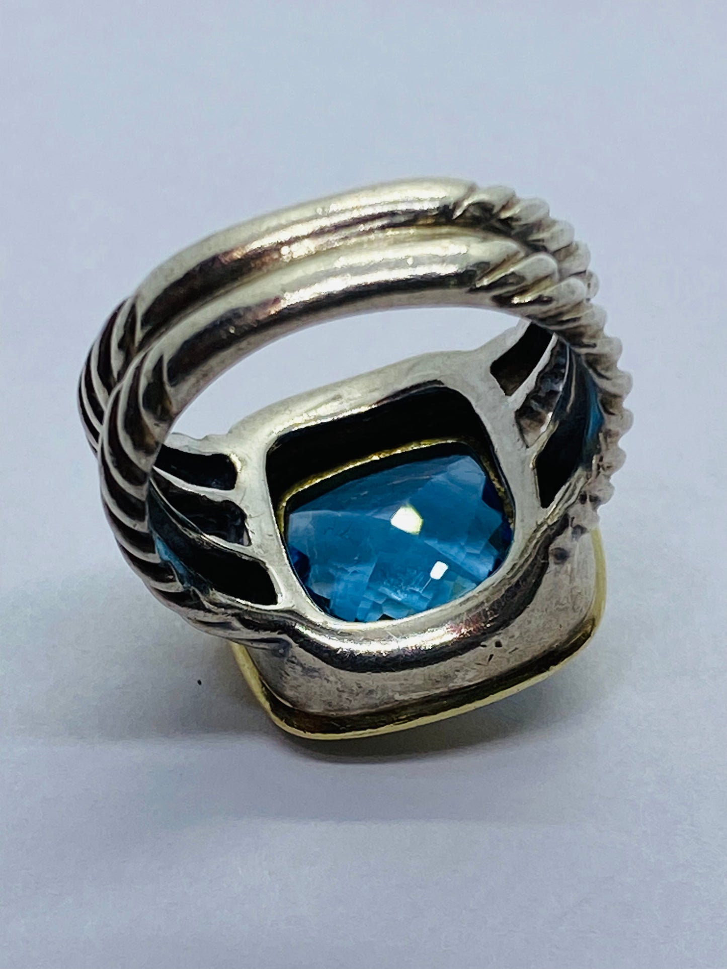 David Yurman Split Shank Sterling Silver & 18K W 11mm Blue Topaz Ring Sz 6
