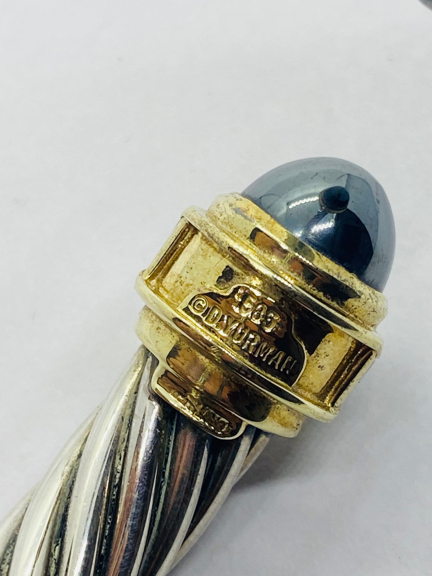 David Yurman 9.5mm Cable Hematite Pink Tourmaline 14K Gold Hinged Bracelet 7”