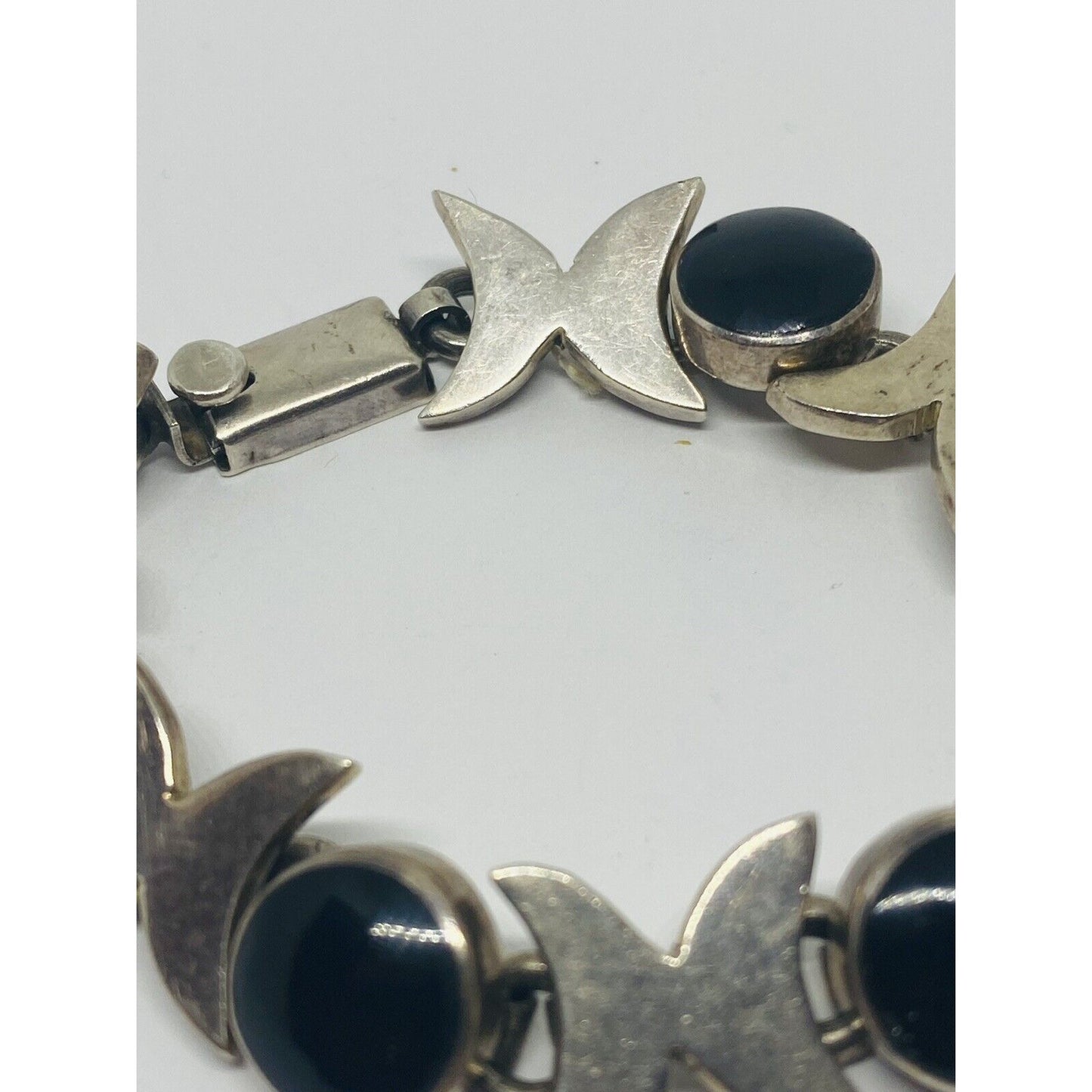 Mexico Taxco Sterling Silver Onyx Gemstone Bracelet Heavy SIGNED TM-146