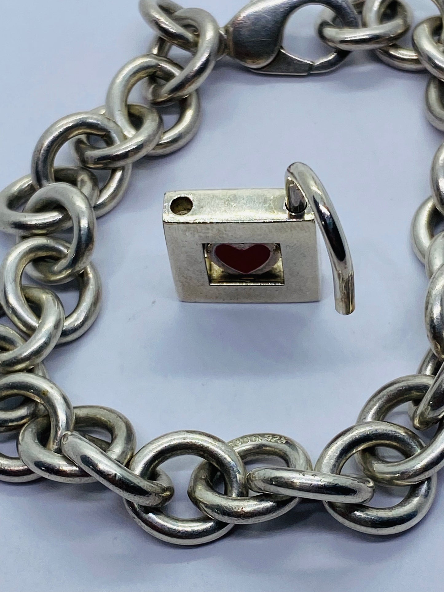 TIFFANY & CO. Bracelet 8” Red Heart Padlock Charm Sterling Silver W/Pouch