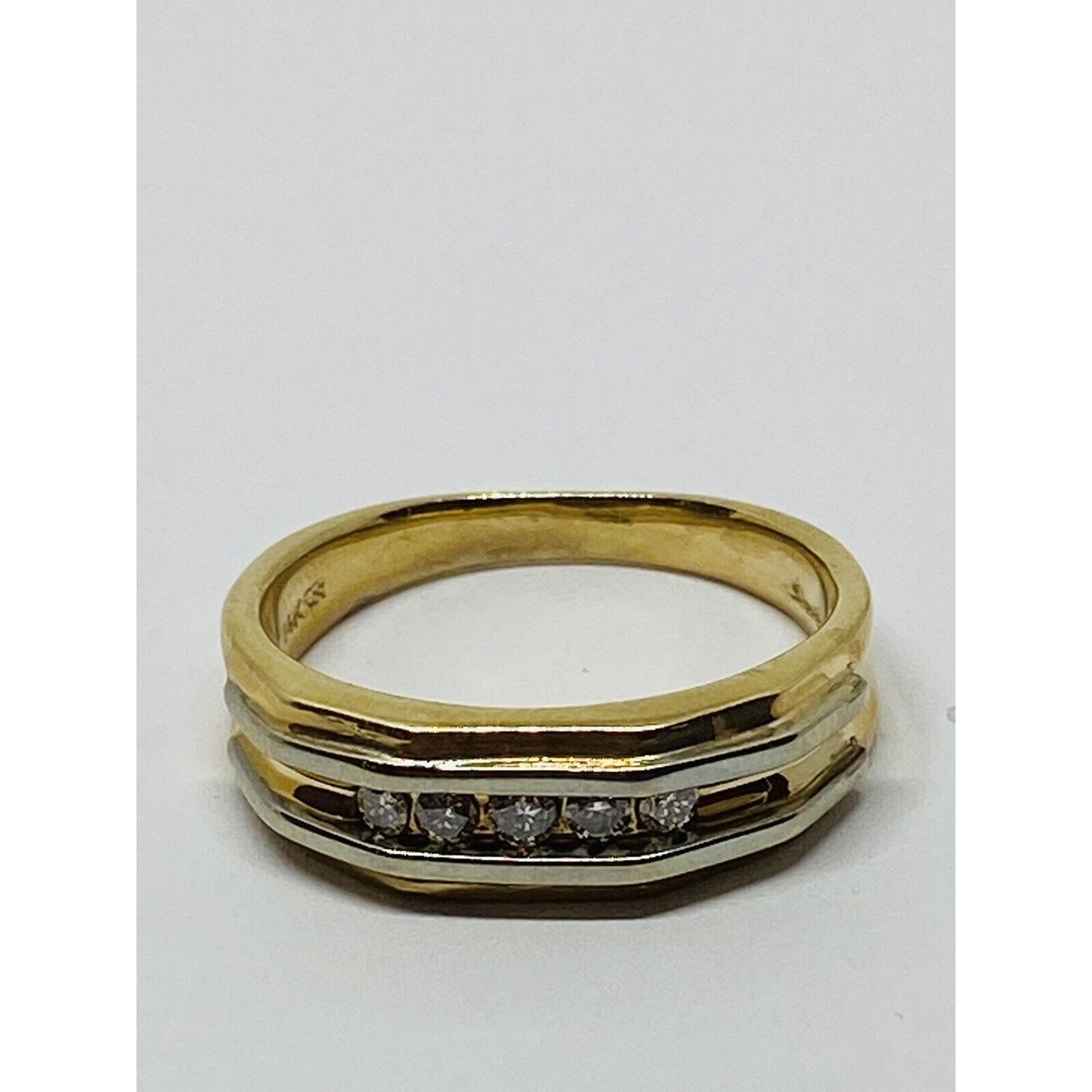 Beautiful Solid 14k White & Yellow Gold 5 Diamonds Men's Band .20CT 7.8 Grams