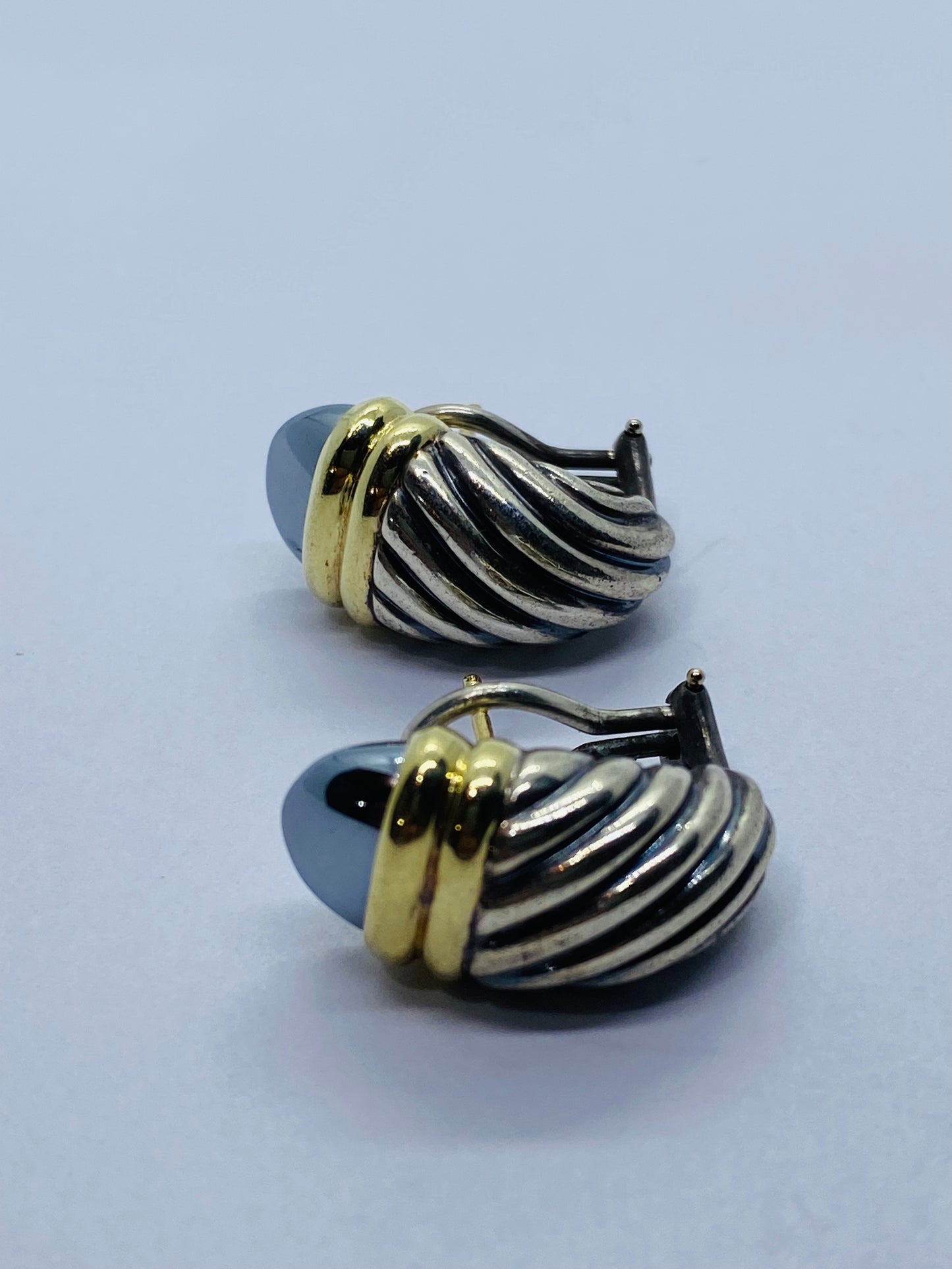 David Yurman 925 Silver 585 Hematite Cable Shrimp Omega Earrings