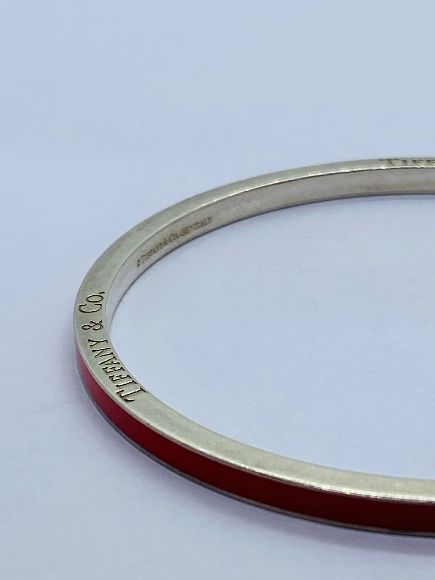 RARE Tiffany & Co. Silver Red Enamel Stripe Bangle Bracelet POUCH
