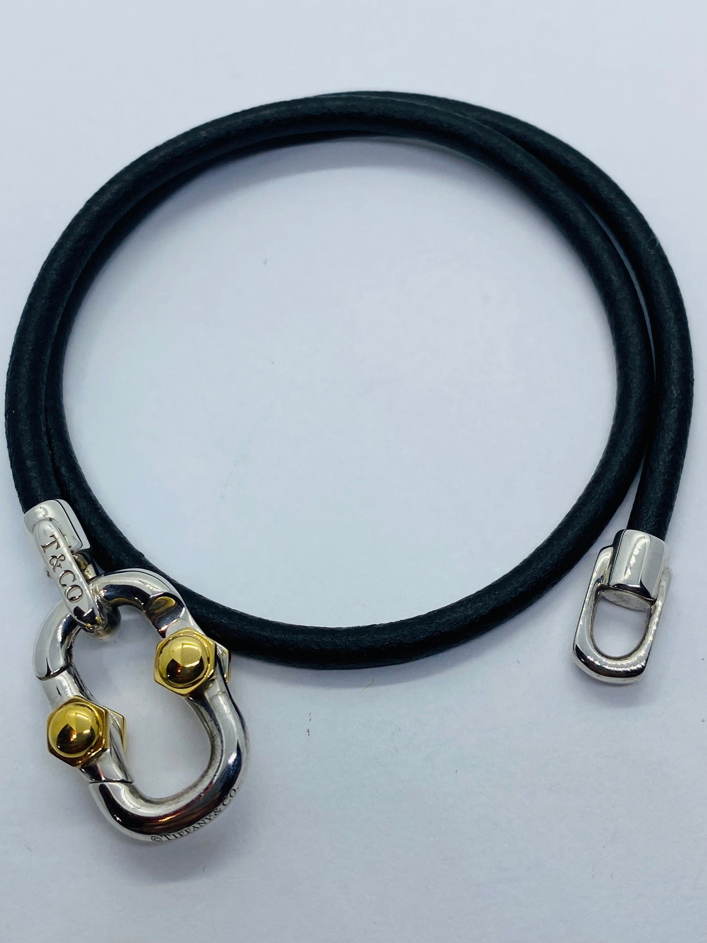 Tiffany & co 1837 Makers Black leather cord Sterling and 18k Bracelet 15.5”