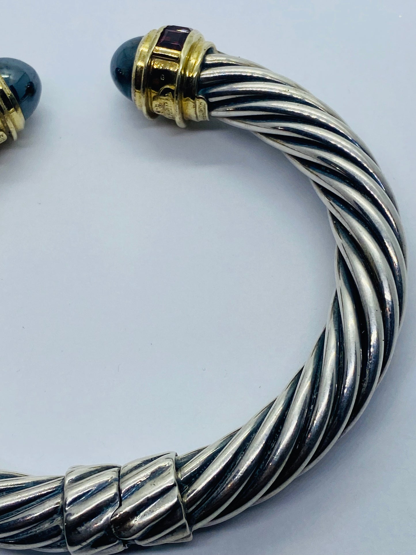 David Yurman 9.5mm Cable Hematite Pink Tourmaline 14K Gold Hinged Bracelet 7”