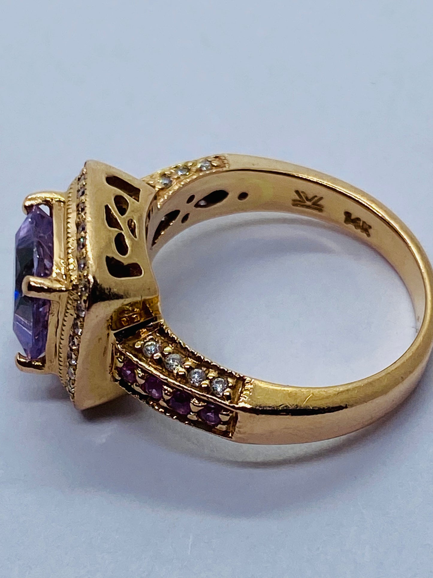 LeVian 14K Rose Gold Amethyst Pink Sapphire Diamond Halo Cocktail Ring READ!