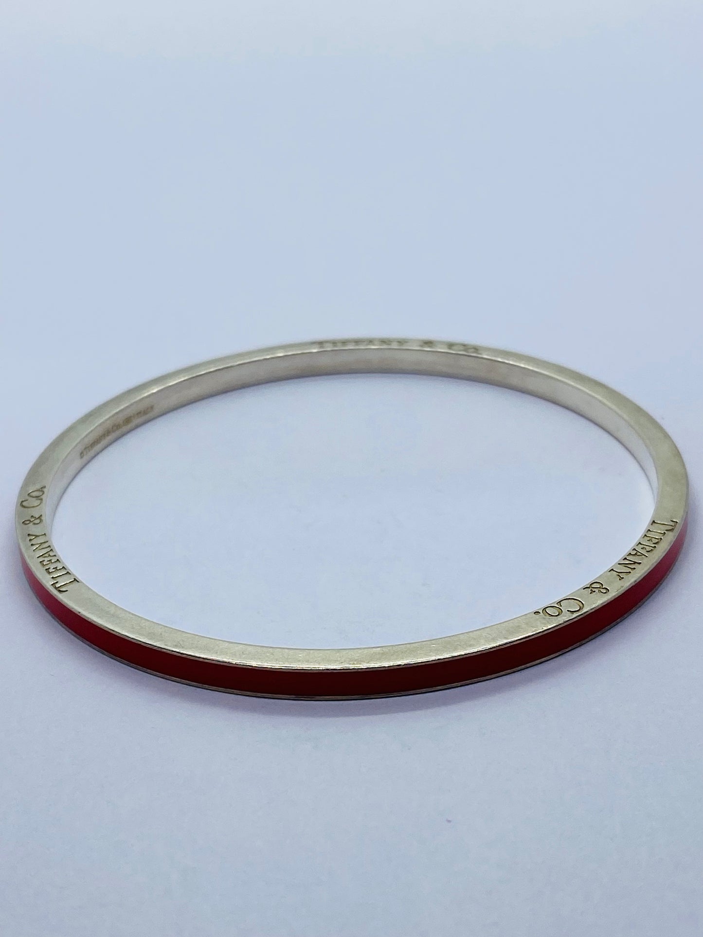 RARE Tiffany & Co. Silver Red Enamel Stripe Bangle Bracelet POUCH