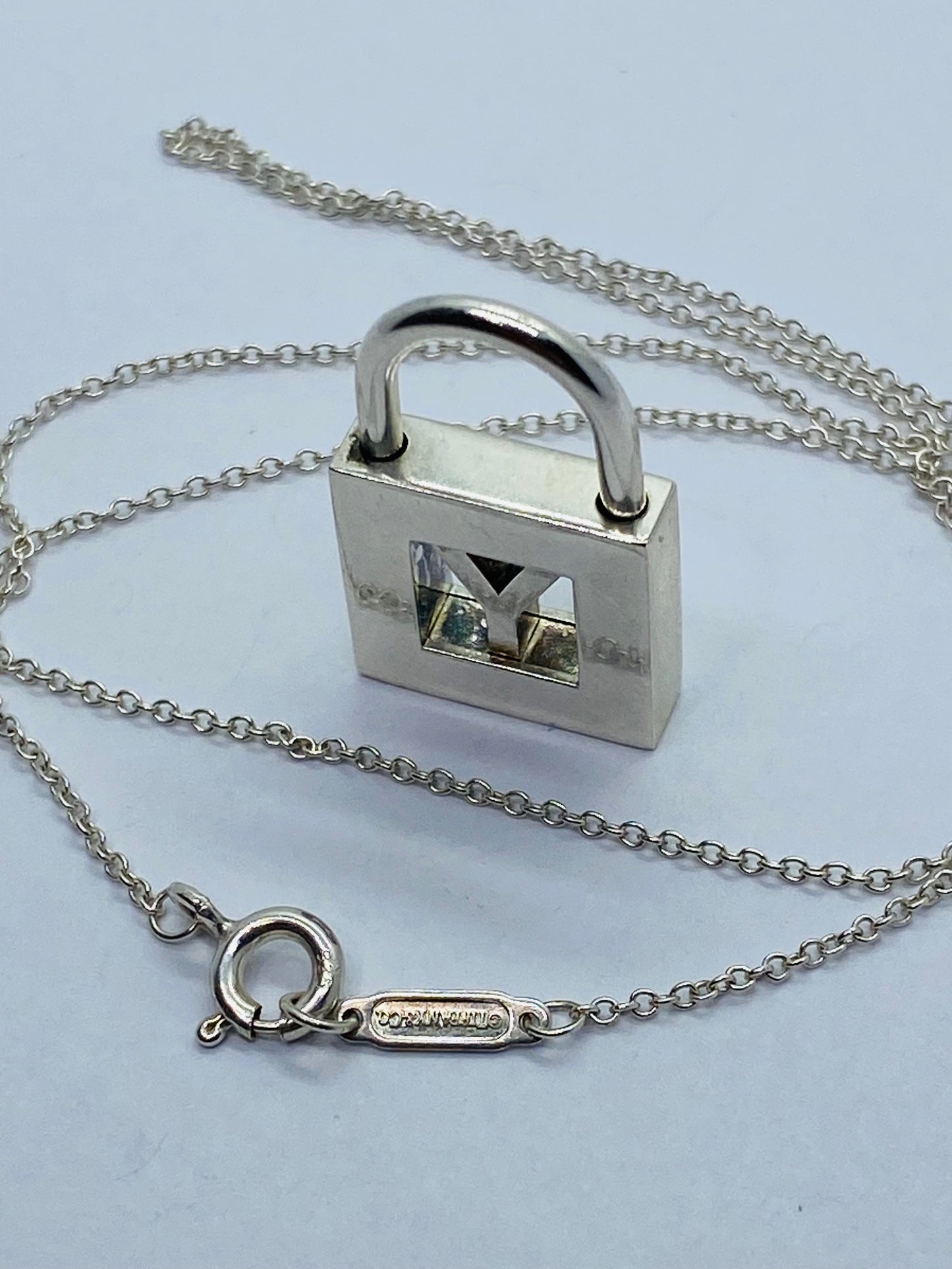 Tiffany & Co Silver Alphabet Letter "Y" Padlock Charm Pendant 17.5” Necklace