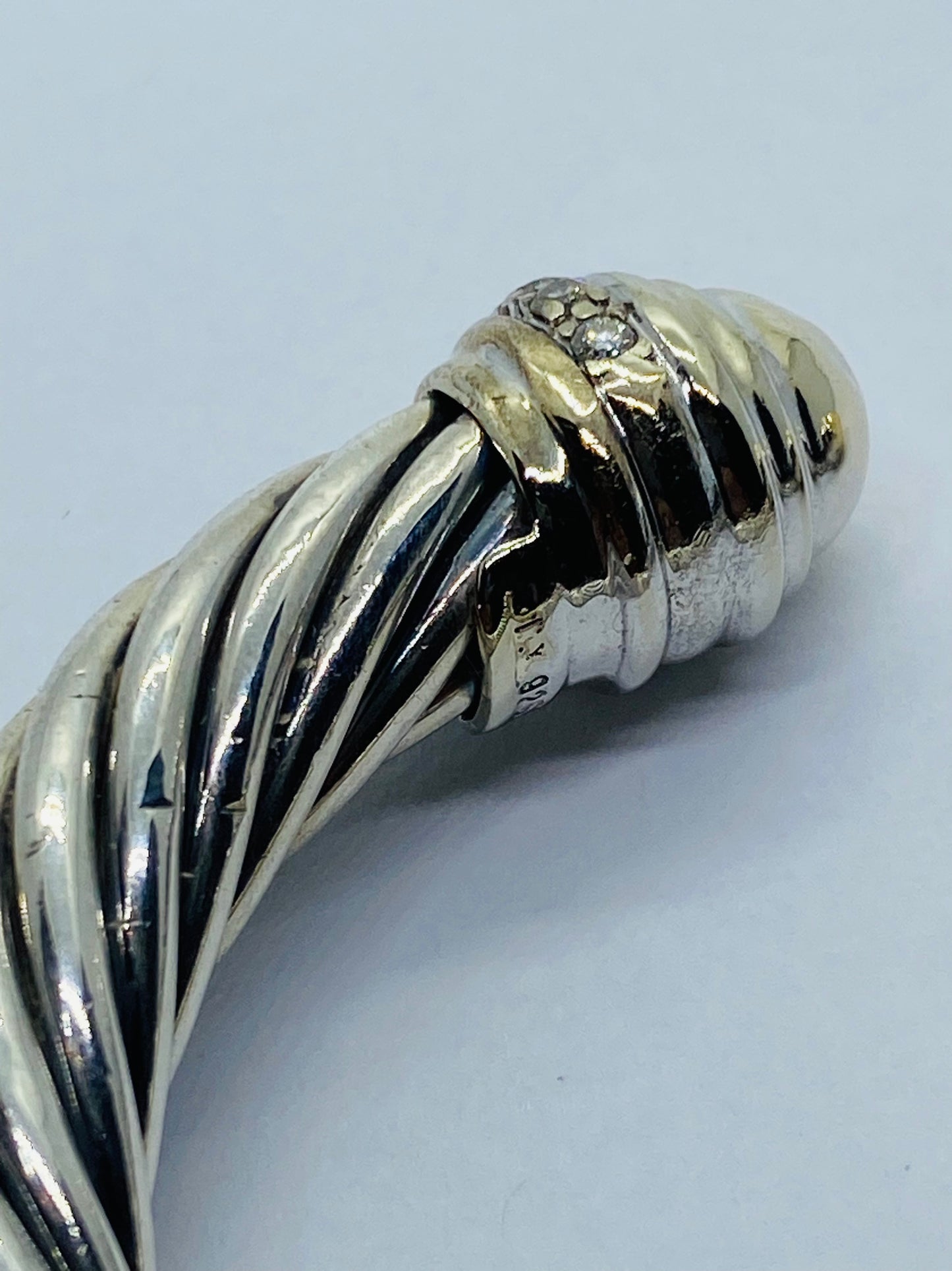 David Yurman Silver 18K 750 Yellow Gold Dome Hinge Diamond 9MM Cable Bracelet