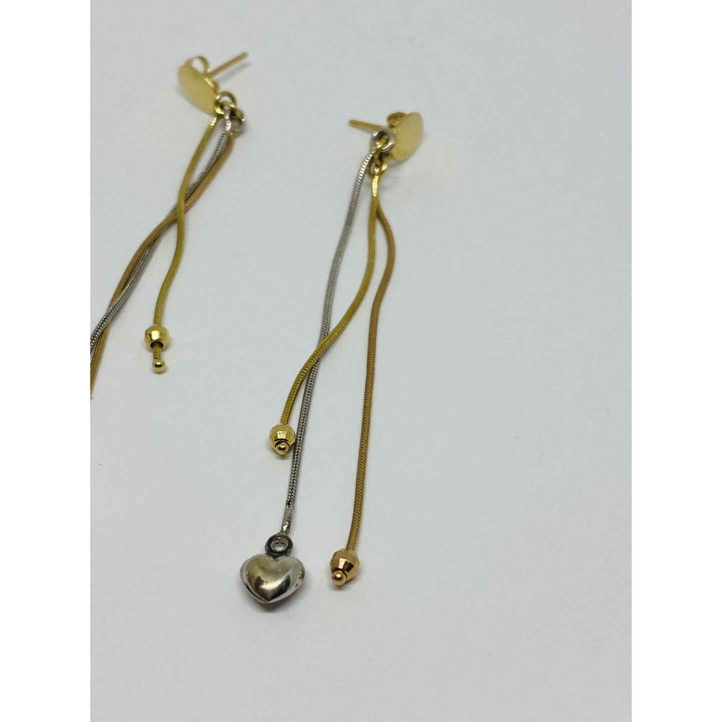 Solid 14k Tri Color 3 strand Omega Dangle Drop Earrings Hearts Beads 3”