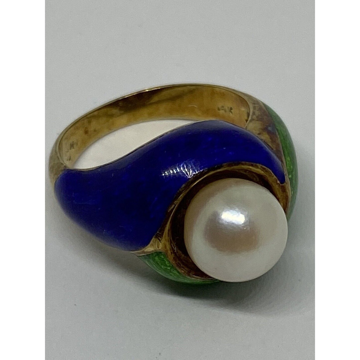Vintage Pearl Ring Blue Green Enamel 14K Yellow Gold Estate Retro 7.5mm Pearl