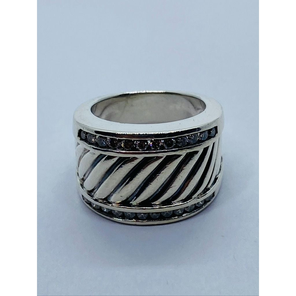 David Yurman Diamond Cigar Band Ring 5.75 Sterling Silver 21mm wide
