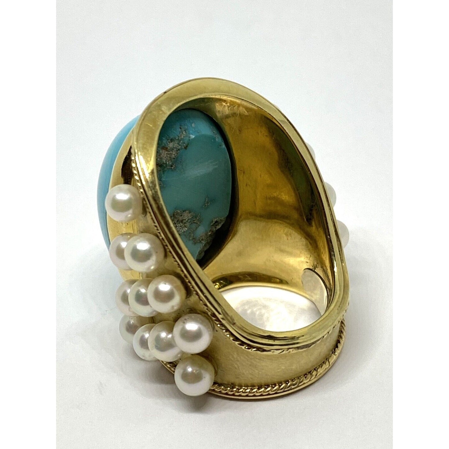 Huge 16CT Natural Turquoise Pearl 18K Gold Wide Shield Ring 30.3 Grams Gia Cert