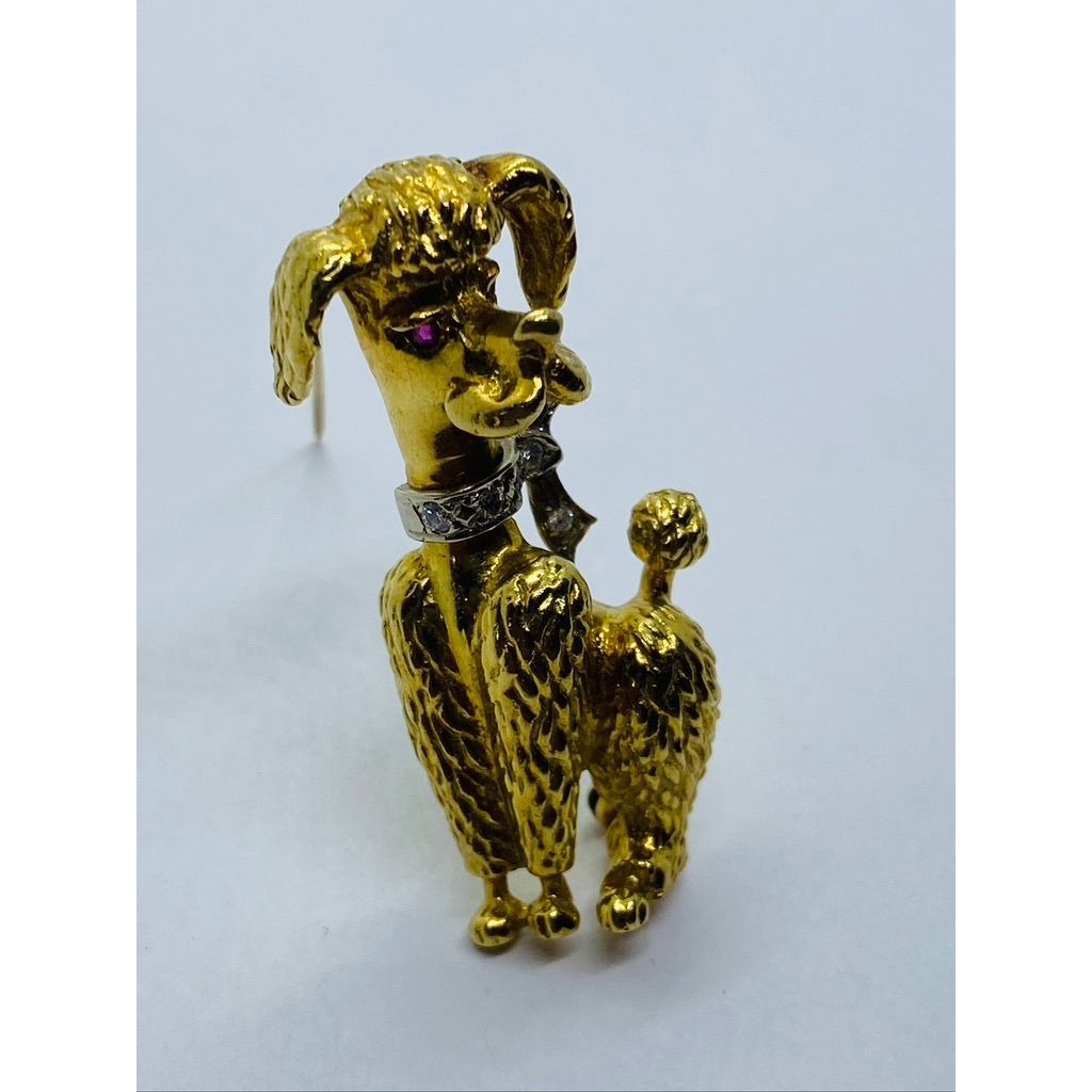 Signed Diamond Ruby 18K Gold Textured Poodle Dog Pin 15.3 Grams
