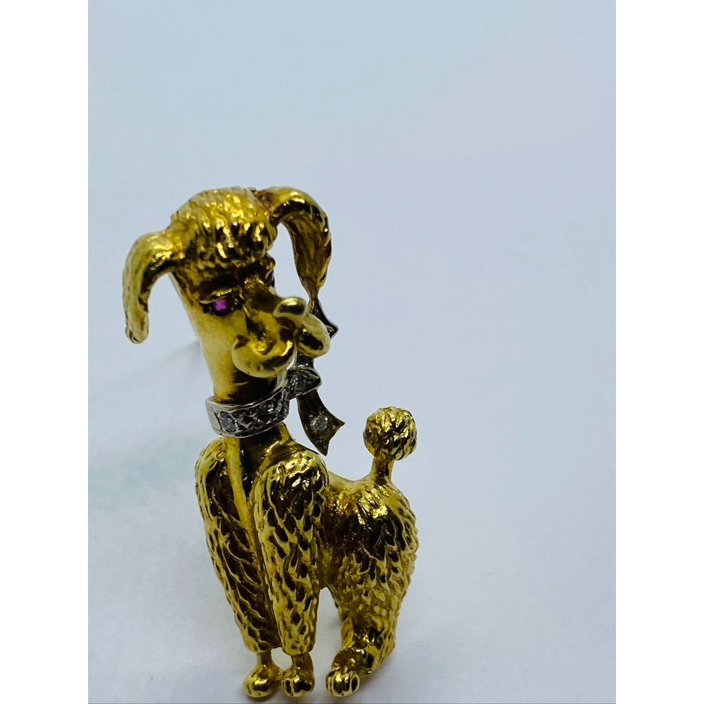 Signed Diamond Ruby 18K Gold Textured Poodle Dog Pin 15.3 Grams