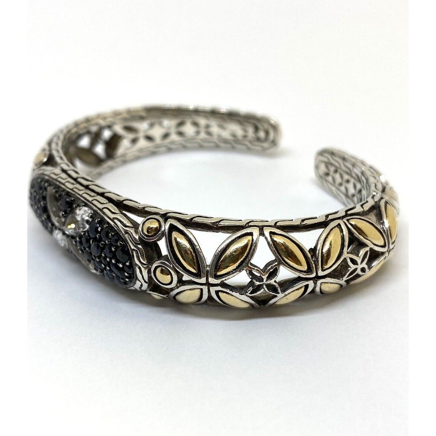 Rare John Hardy BATU KAWUNG Onyx Sapphire 925 Silver 18k Gold Hinged Bracelet