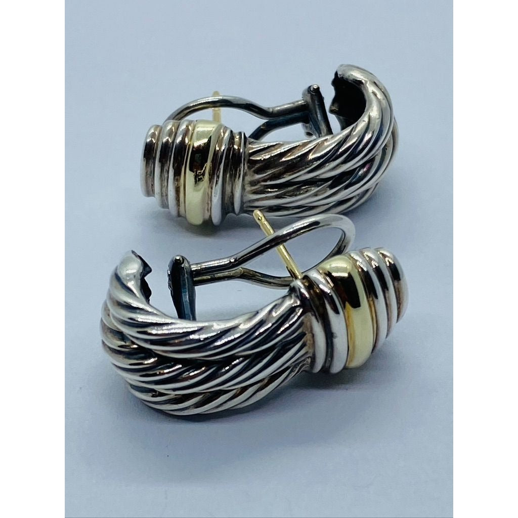 David Yurman Triple Cable Two-toned Pierced Hinge Clip Earrings 14K Sterling 925