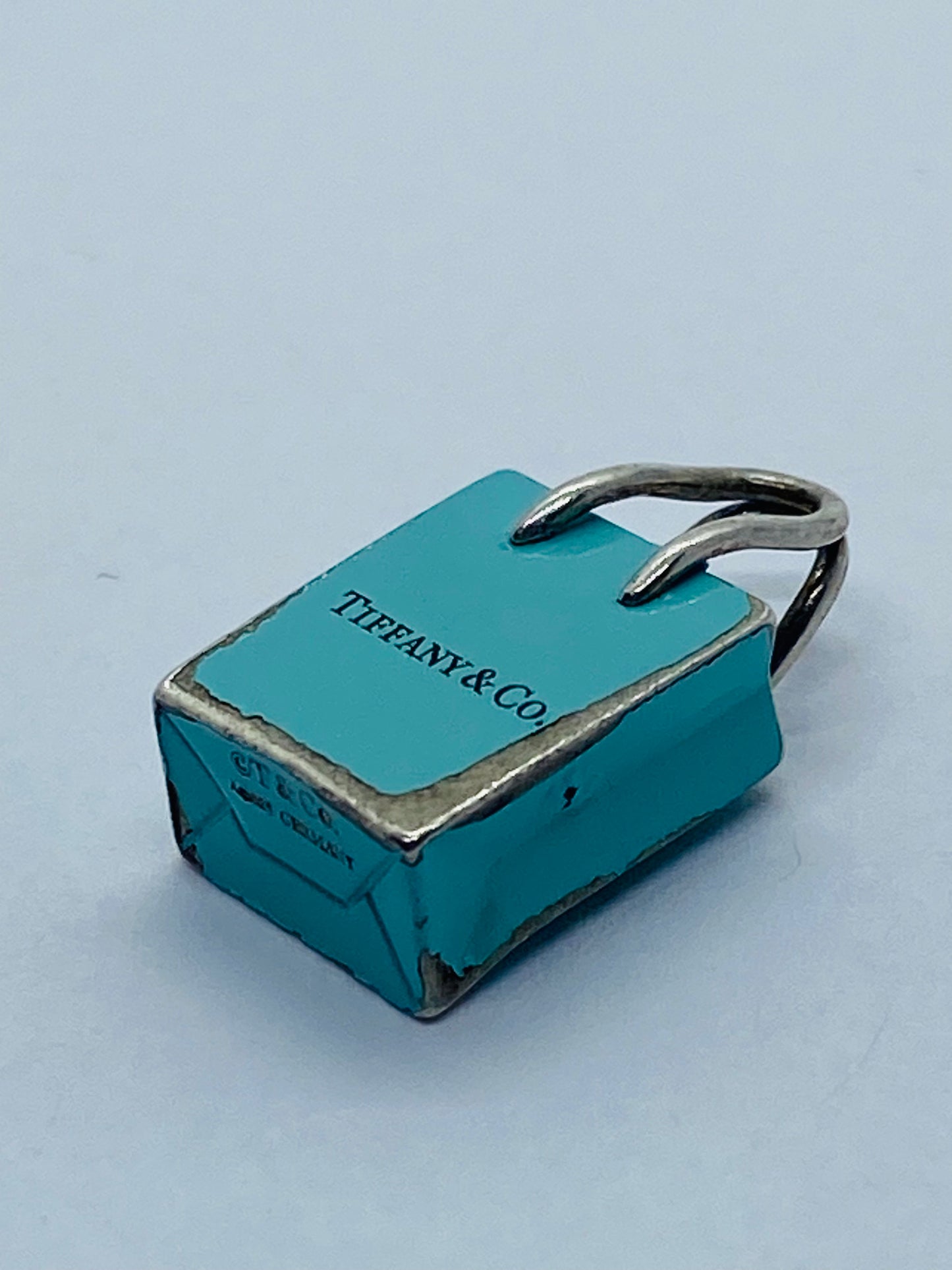 Tiffany & Co Sterling Silver Blue Enamel Shopping Bag Charm Pendant Pouch
