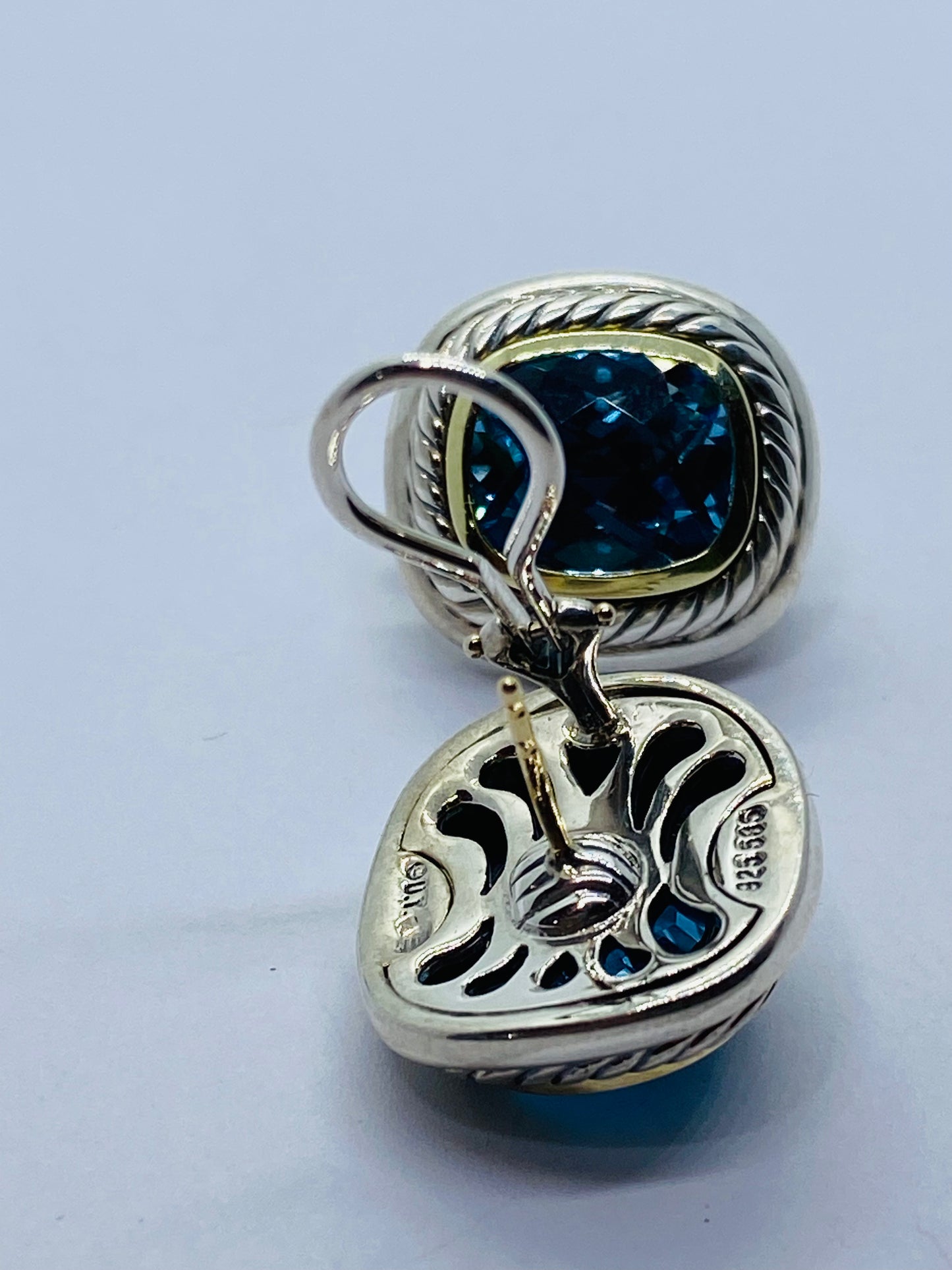 David Yurman Sterling Silver 14K Gold Albion Cushion Cut Blue Topaz Earrings