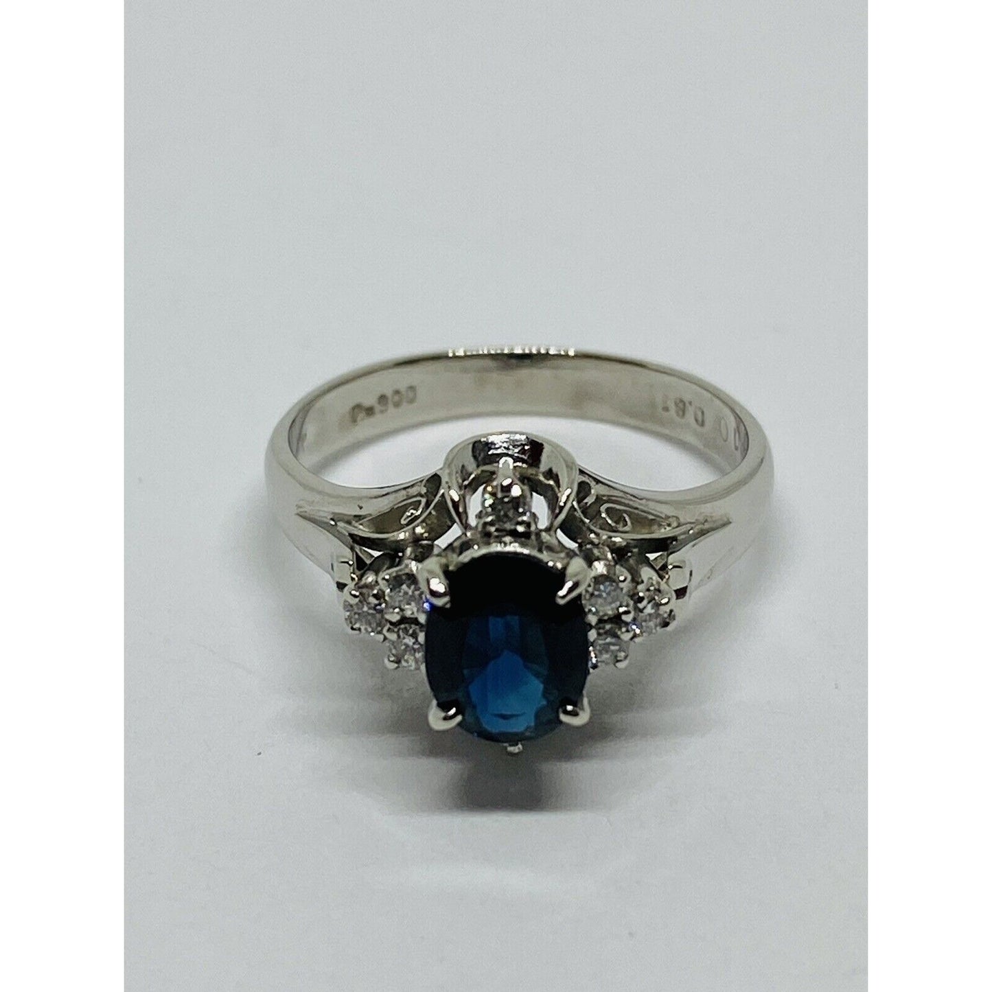 Platinum 900 Blue Sapphire Diamond Ring Size 5 .91 ctw