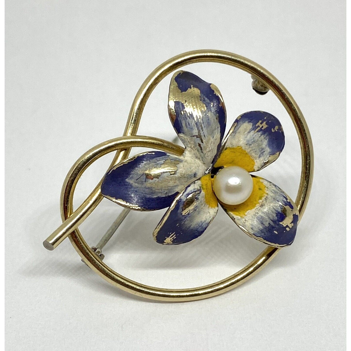 KREMENTZ Pearl Enamel 14K Gold Elegant Purple Floral Pin Brooch 6.2 Grams