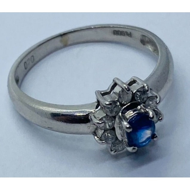 Solid Platinum 900 Navy Sapphire Diamond Halo Ring - 2.7 gms, Sz 5 , .40 TCW