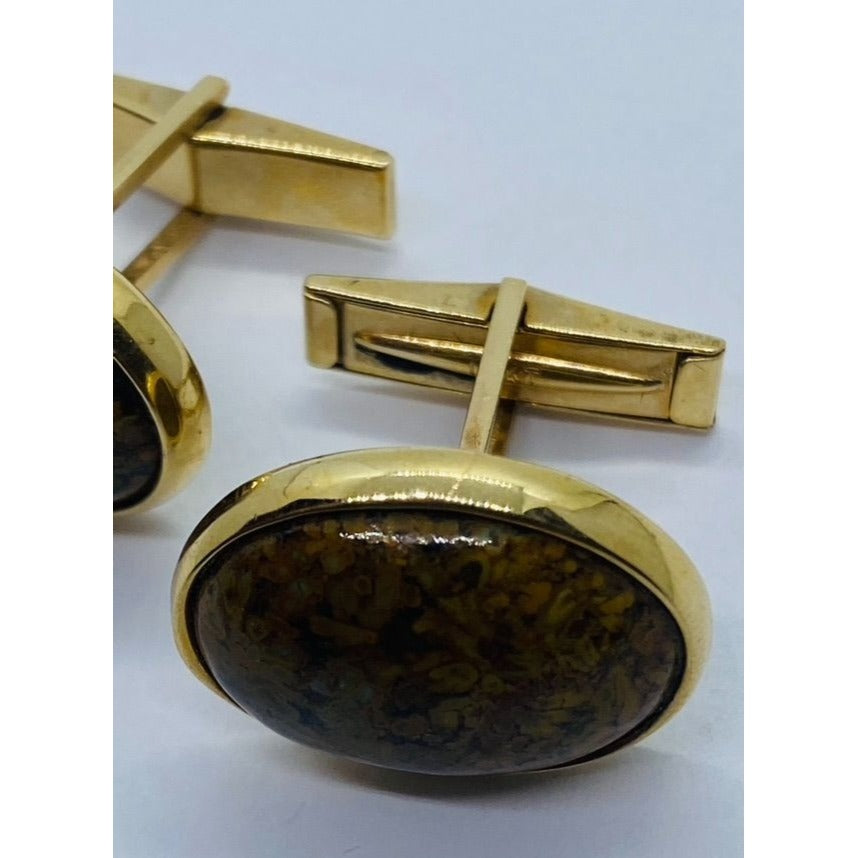 Jasper 14K Gold Oval Cabochon Mens Cufflinks 13.8 Grams 22x17MM